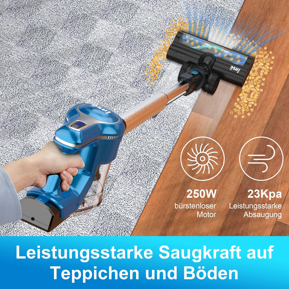 INSE Aspiradora Escoba Sin Cable, Aspiradora Escoba 10 en 1 Multifuncional, 2500Pa 250W, Autonomia hasta 45 mins, Aspiradora Vertical para Pelos de Animales, Suelos Duros y Alfombras
