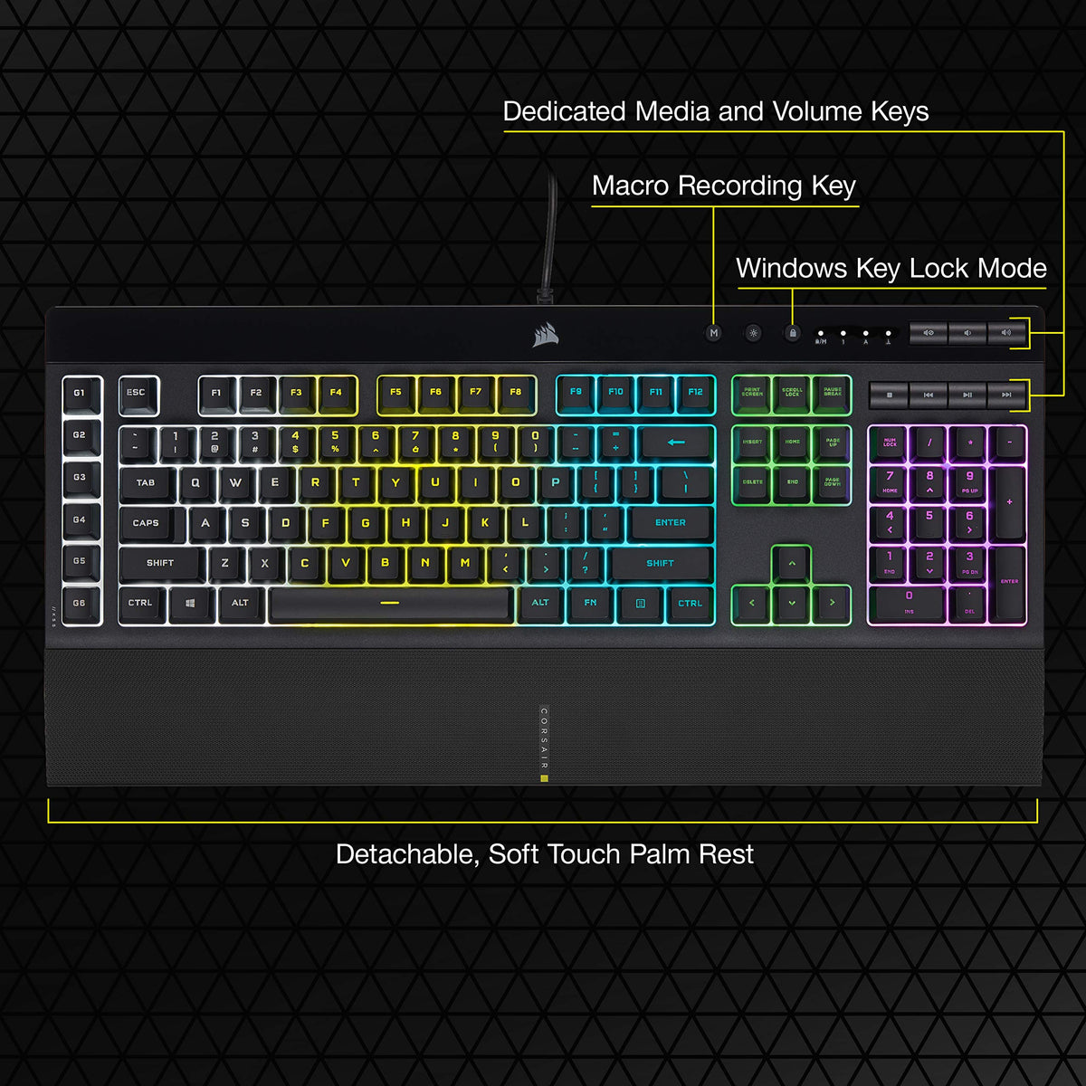Corsair K55 RGB Pro Membrana Teclado para Juegos con Cable, IP42, Resistente al Polvo y a los derrames, 6 Teclas Macro con integración Elgato, Compatible con iCUE, QWERTY UK, PC, Mac, Xbox, Color
