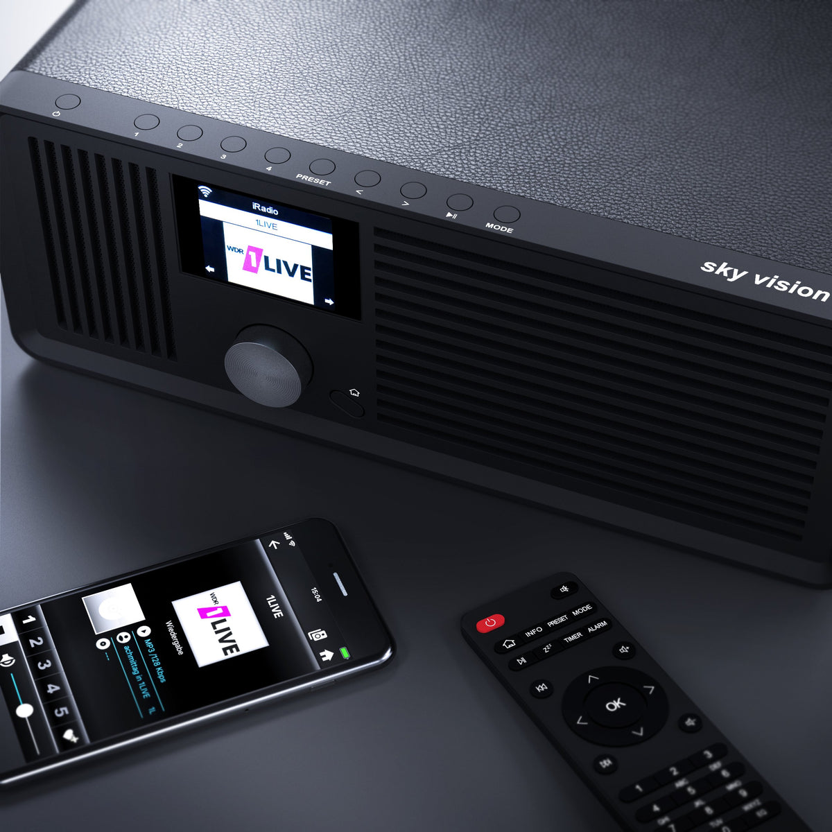 sky vision Dab 70 IR GB – Radio por Internet estéreo Dab+ (FM FM, WiFi, con Conector AUX Plus Cable, Radio Digital, Despertador con Mando a Distancia), Color Negro