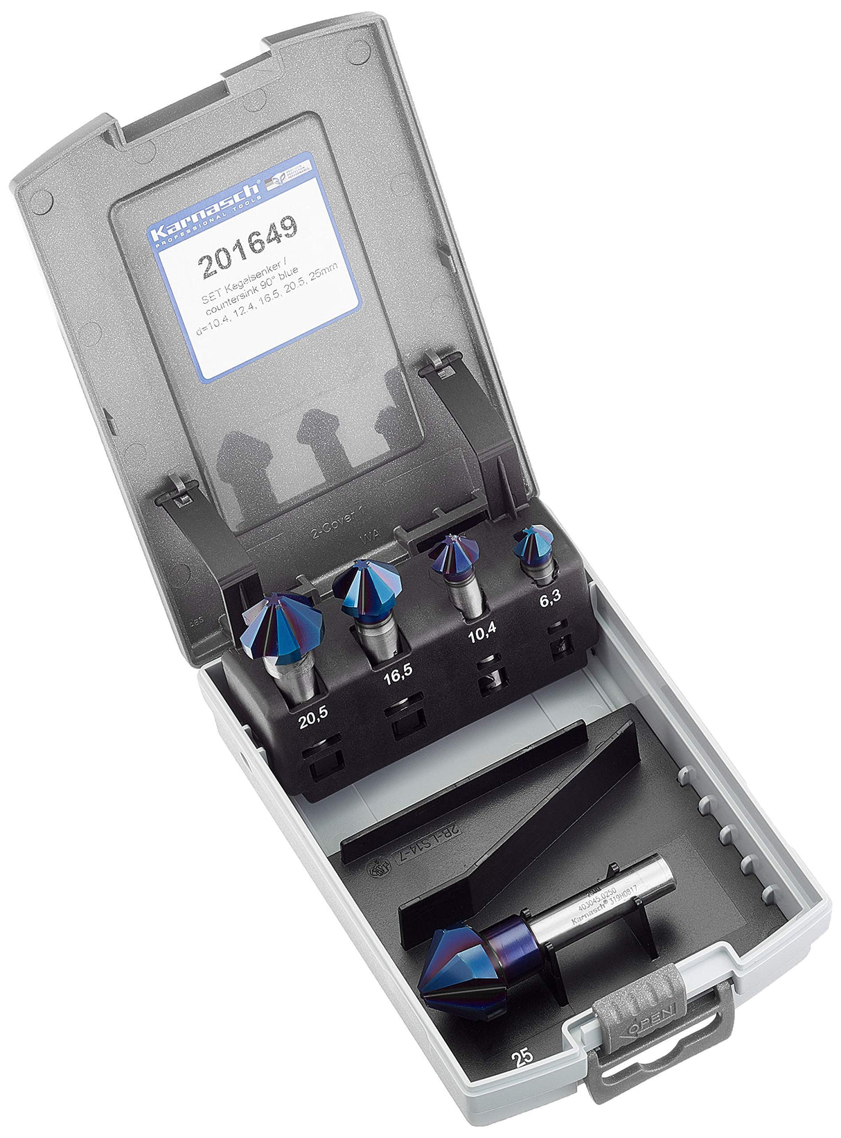 KARNASCH 201649 Countersink VHM Blue-Tec 90° Juego Contiene Ø 10.4, 12.4, 16.5, 20.5, 25.0mm
