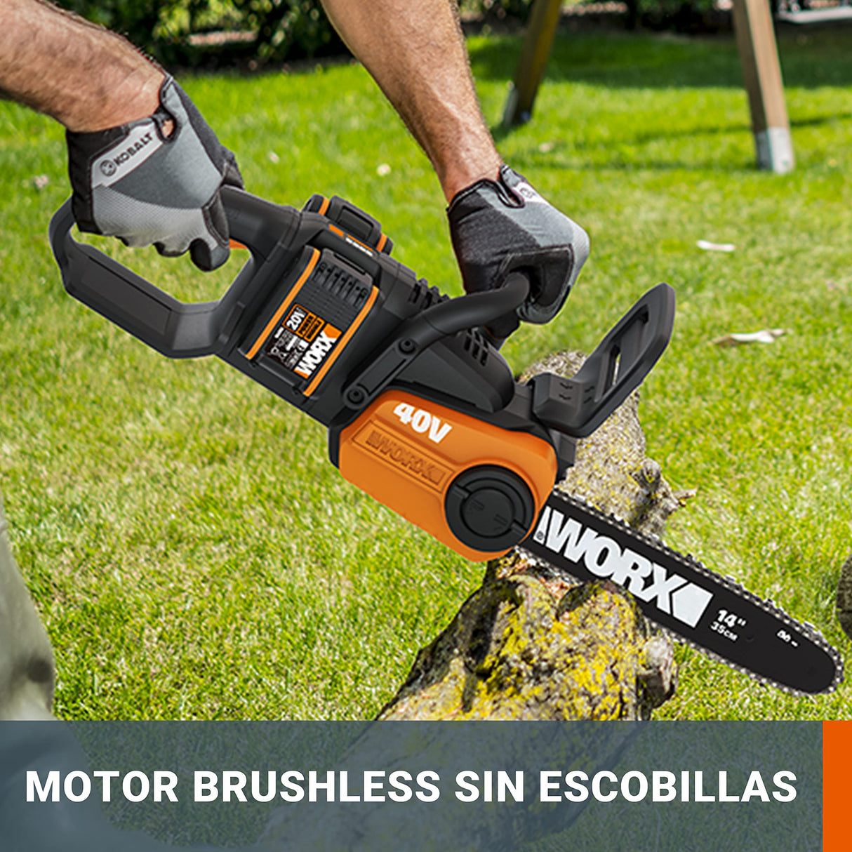 WORX Motosierra 40V Máx. (2x20V) | PowerShare | WG384E.9 | No incluye batería ni cargador |Espada 35 cm | Motor Brushless | Tensado de cadena sin herramientas