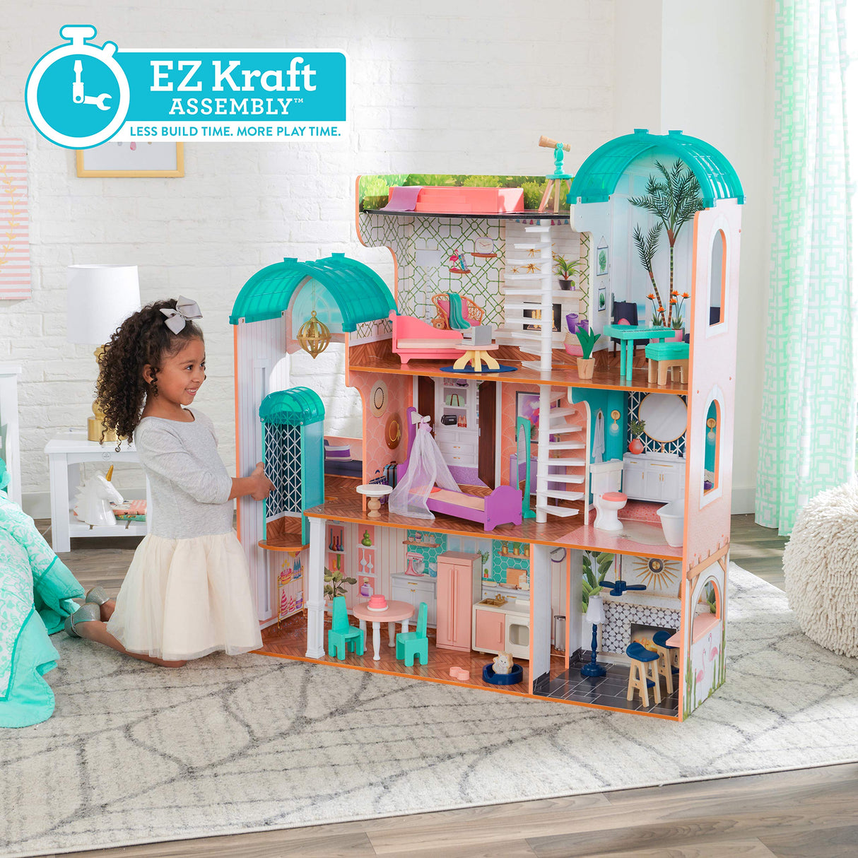 KidKraft Casa de muñecas de madera Camila con muebles y accesorios, Casita de juguete con gato, ascensor y piscina para muñecas de 30 cm, juguetes niños y niñas desde 3años (65986) Exclusivo en Amazon