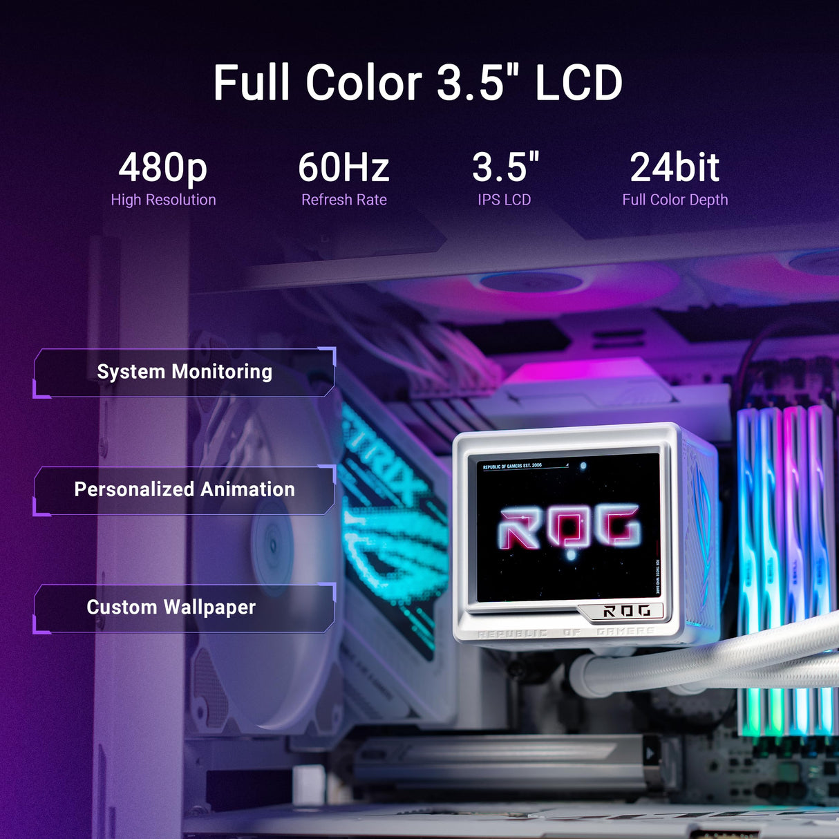 ASUS ROG Ryujin III 360 ARGB Extreme White Sistema de refrigeración AiO con Bomba Asetek Gen8 V2, Ventiladores magnéticos Reforzados, LCD de 3.5'', monitorización del Hardware y GIF Personalizados