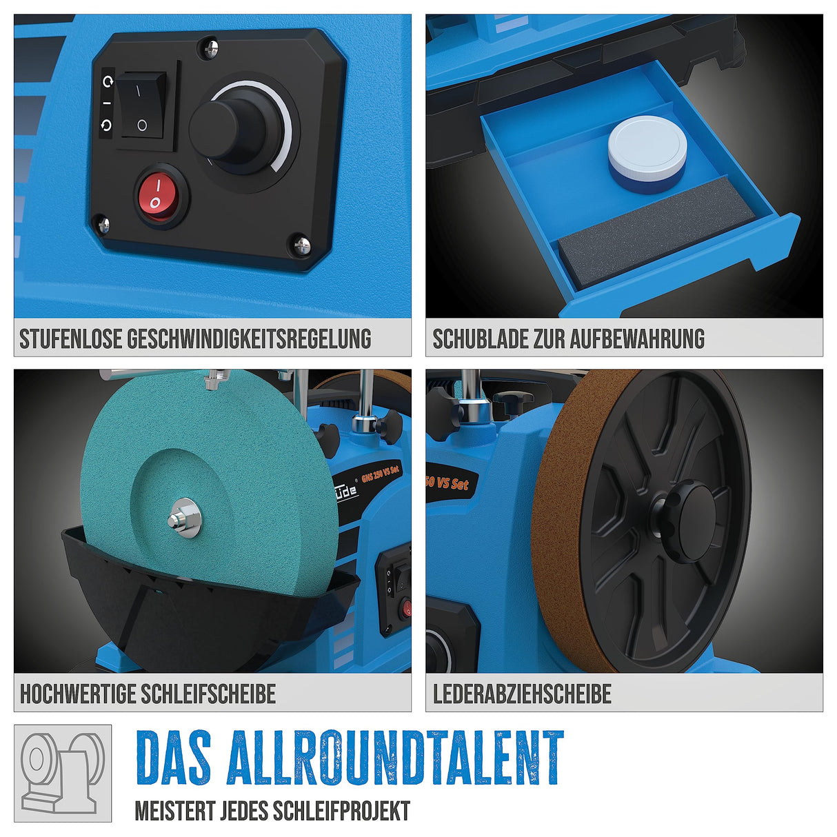 Güde GNS 250 VS - Juego de lijadora húmeda (150 W, motor de inducción, piedra de afilar corindón noble, diámetro de 250 mm/220 K, disco de extracción de piel, apto para acero para herramientas de más