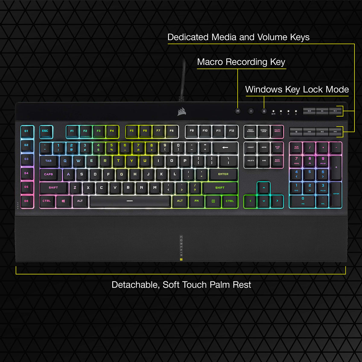 CORSAIR K55 RGB PRO XT Membrana Teclado para juegos con cable, IP42, resistente al polvo y a derrames, 6 teclas macro con integración Elgato, compatible con iCUE, QWERTY UK, PC, Mac, Xbox, color negro