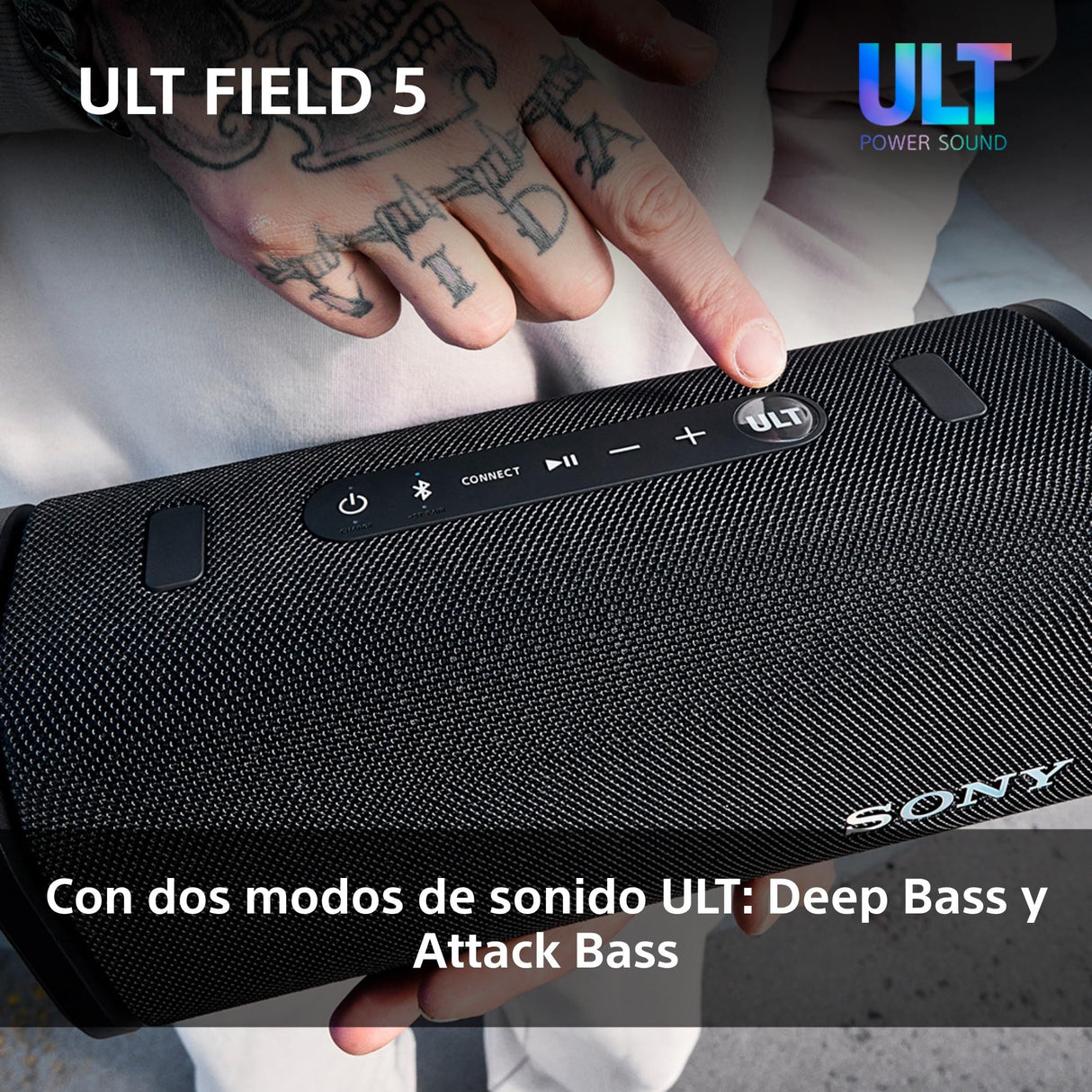 Sony ULT Field 5, Altavoz portátil Bluetooth Potente, 25 H de batería, 2 Modos ULT Power Sound, Resistente al Agua y al Polvo, 360 Luces, Correa Extraible para el Hombro, Compacto, Negro