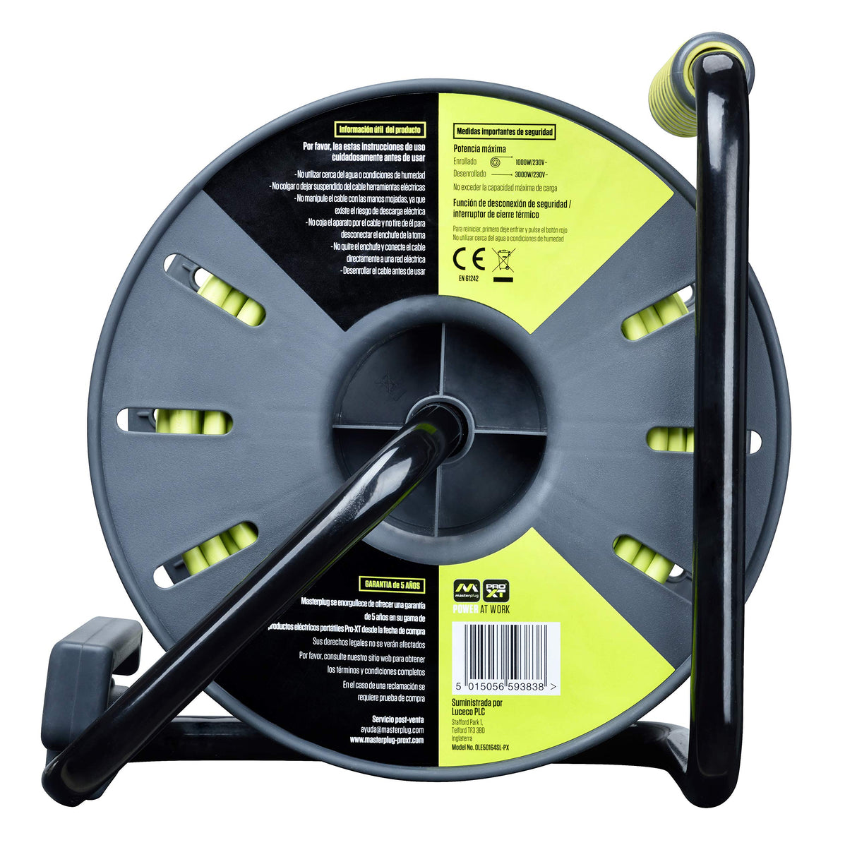 Masterplug Pro-XT Enrollacables de carrete de cable abierto de cuatro tomas con asa de bobinado, interruptor térmico e interruptor de alimentación, cable de alta visibilidad de 50 metros