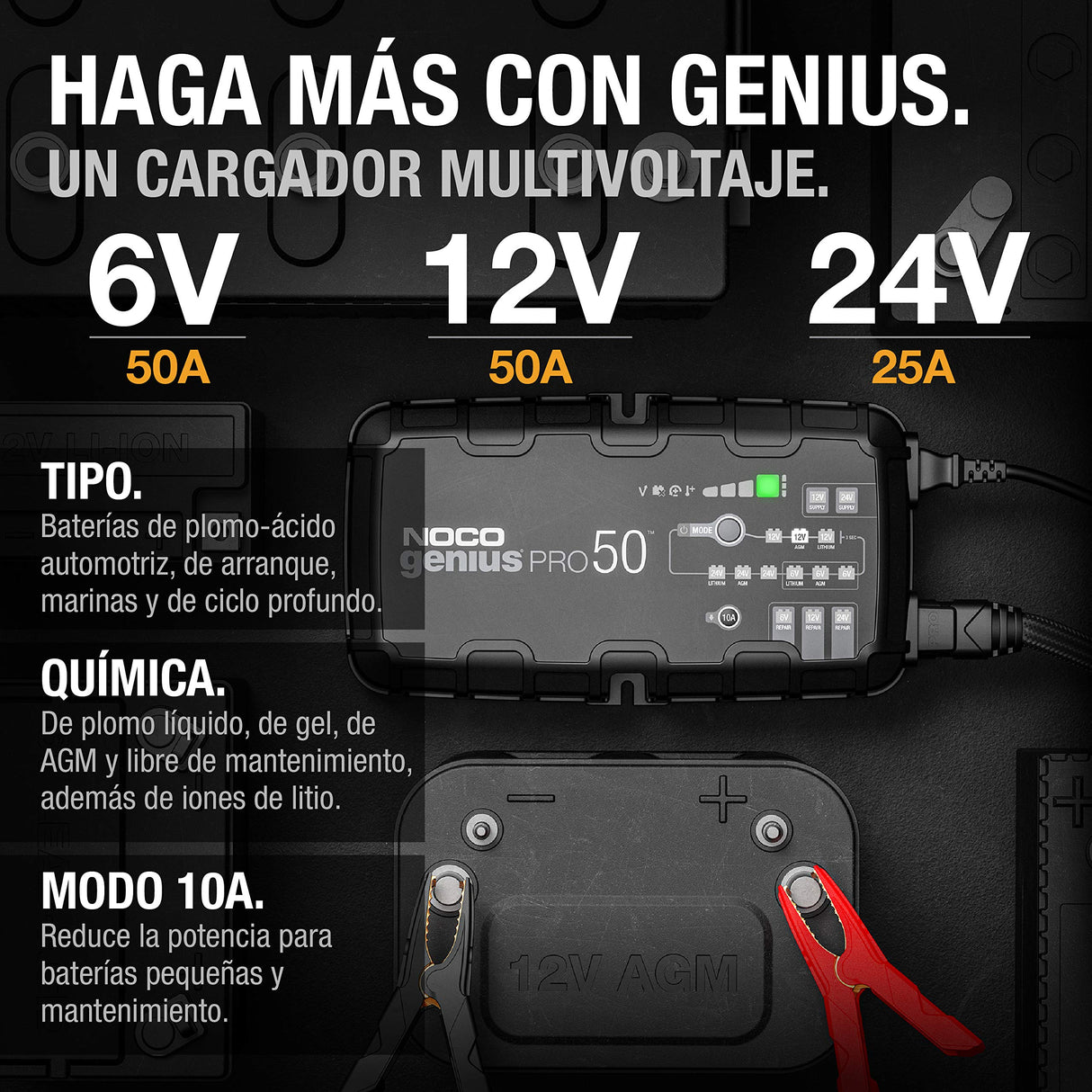 NOCO GENIUSPRO50: Cargador de Batería Profesional 50A, 6V, 12V y 24V, Mantenedor y Desulfatador para Baterías de Plomo-Ácido y Litio