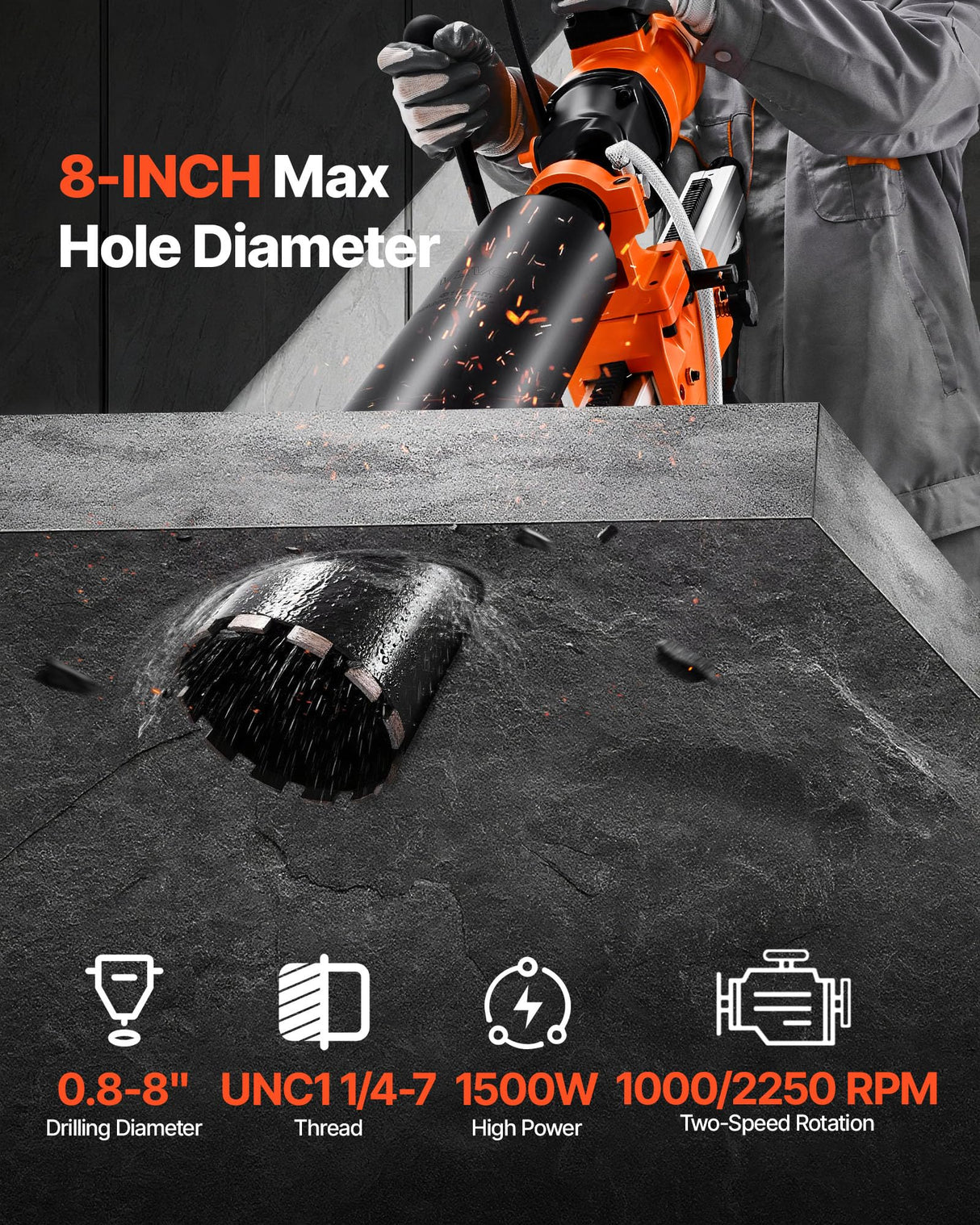 VEVOR Perforadora de Diamante, 2 en 1 Equipo de Perforación 1000/2250 RPM de 2 Velocidades en Seco y Húmedo con soporte, 4 Brocas Diámetro de Perforación de 200 mm para Hormigón, Ladrillo, Piedra