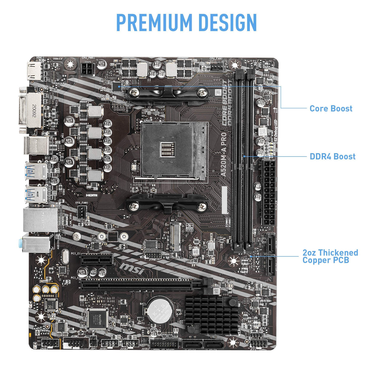 MSI Placa Base para Juegos A520M-A Pro (AMD Ryzen 5000, AM4, DDR4, PCIe 3.0, SATA 6Gb/s, M.2, USB 3.2 Gen 1, DVI/HDMI, Micro-ATX)