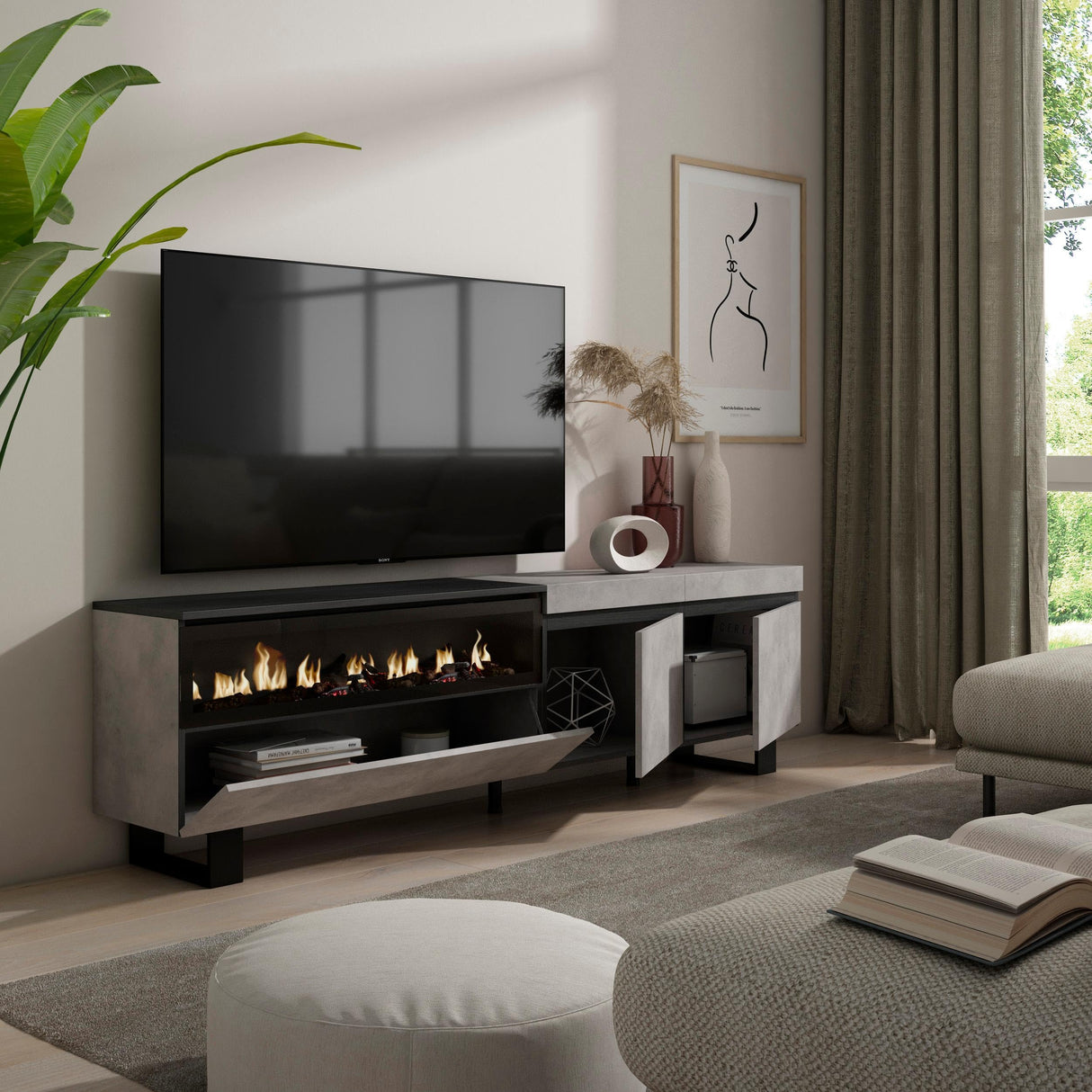 Skraut Home | Mueble TV | Televisión | Muebles de salón, almacenaje | 200x57x35cm | para TV hasta 80" | Chimenea eléctrica | Diseño Industrial | Estilo Moderno | Cemento