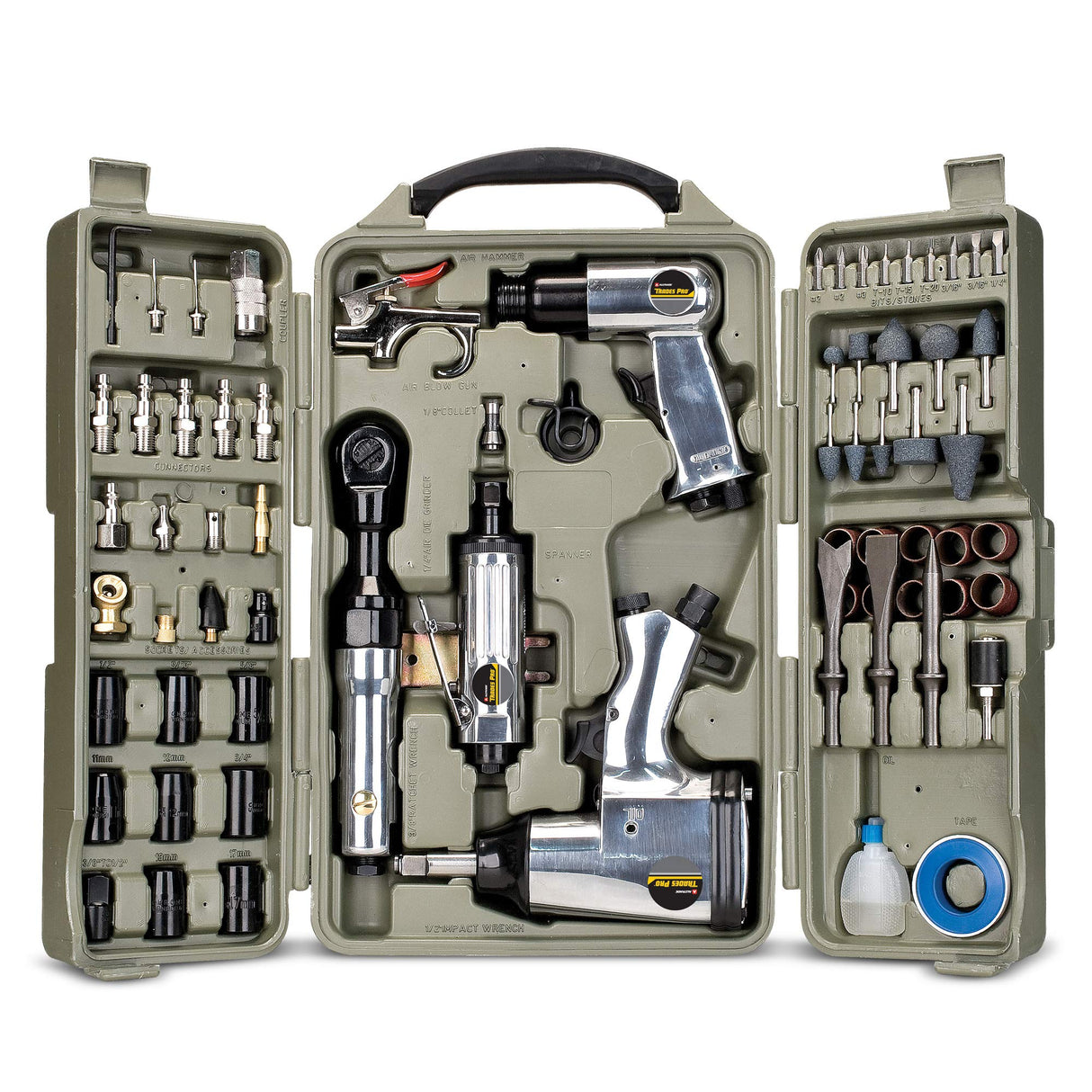 Trades Pro 836668 - Kit de herramientas y accesorios de aire, 71 piezas, llave de impacto, trinquete de aire, amoladora, martillo de aire, accesorios de manguera, estuche de almacenamiento
