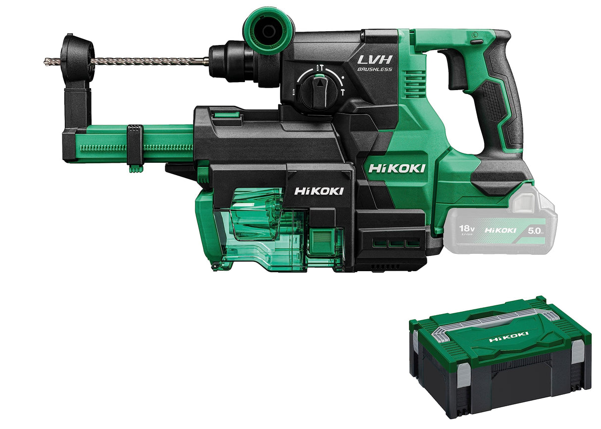 HIKOKI Akku Bohr & Meißelhammer DH1826DAW3Z, SDS-plus (18V, Schlagenergie: 3,2 J, Volllastschlagzahl 2. Gang: 0-4300 min-1) Zubehör im HSCII Koffer, plus 1 Staubabsaugung, OHNE Akku und Ladegerät.