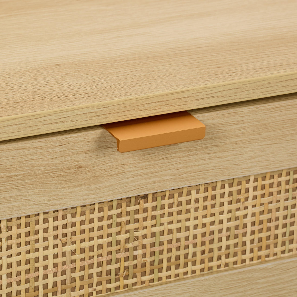 Relaxdays Mesita de Noche, Cajones, Set de 2, Estilo Ratán, Mesilla Dormitorio Efecto Madera, 55 x 40 x 41,5 cm, Natural, Tablero de Fibras, Aluminio, 2 Unidades