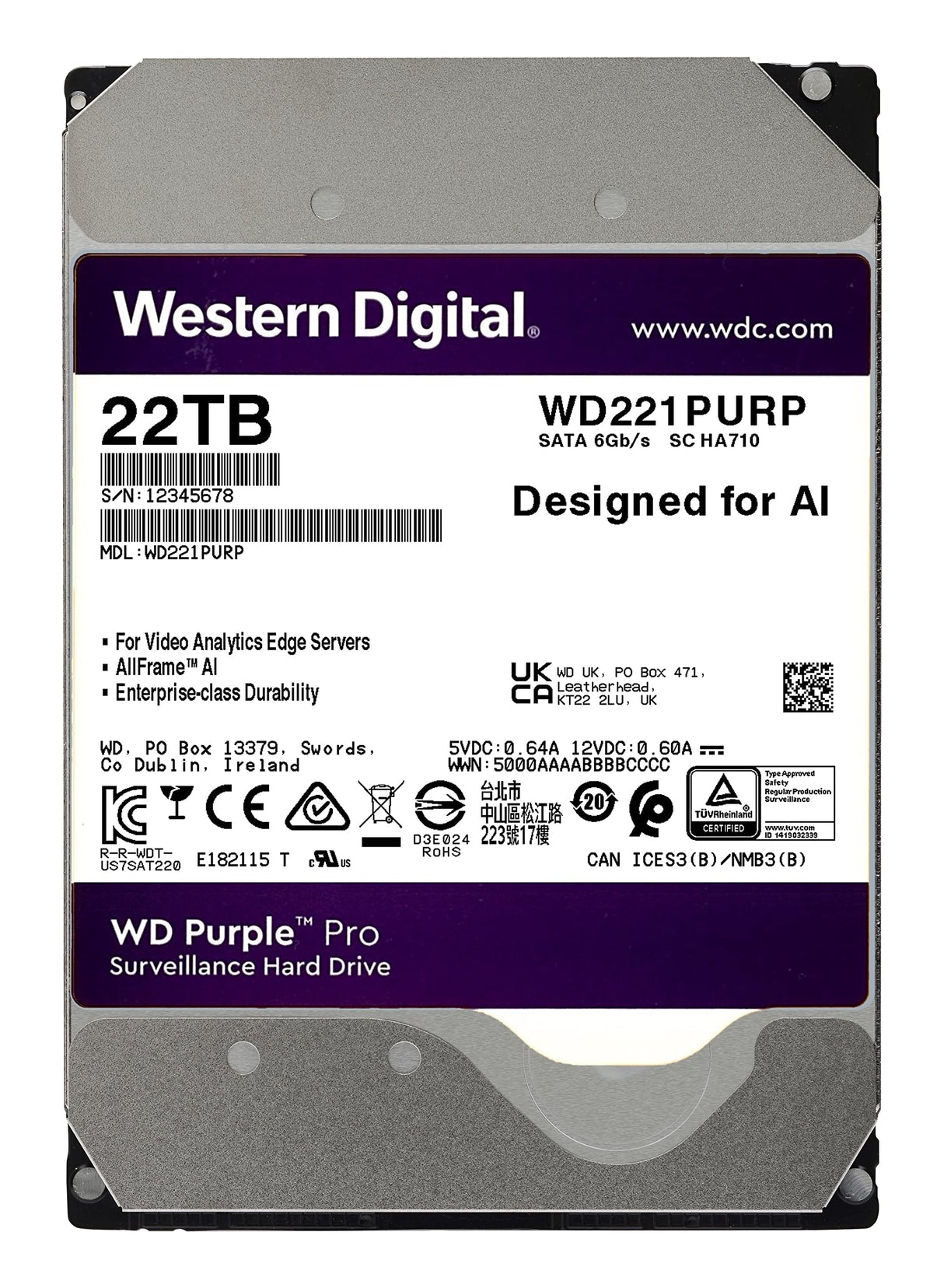 WD Purple Pro 22TB para video inteligente Disco duro interno 3.5", AllFrame Technology, 7200 RPM, 550TB/yr, 512MB Cache, Garantía 5 años