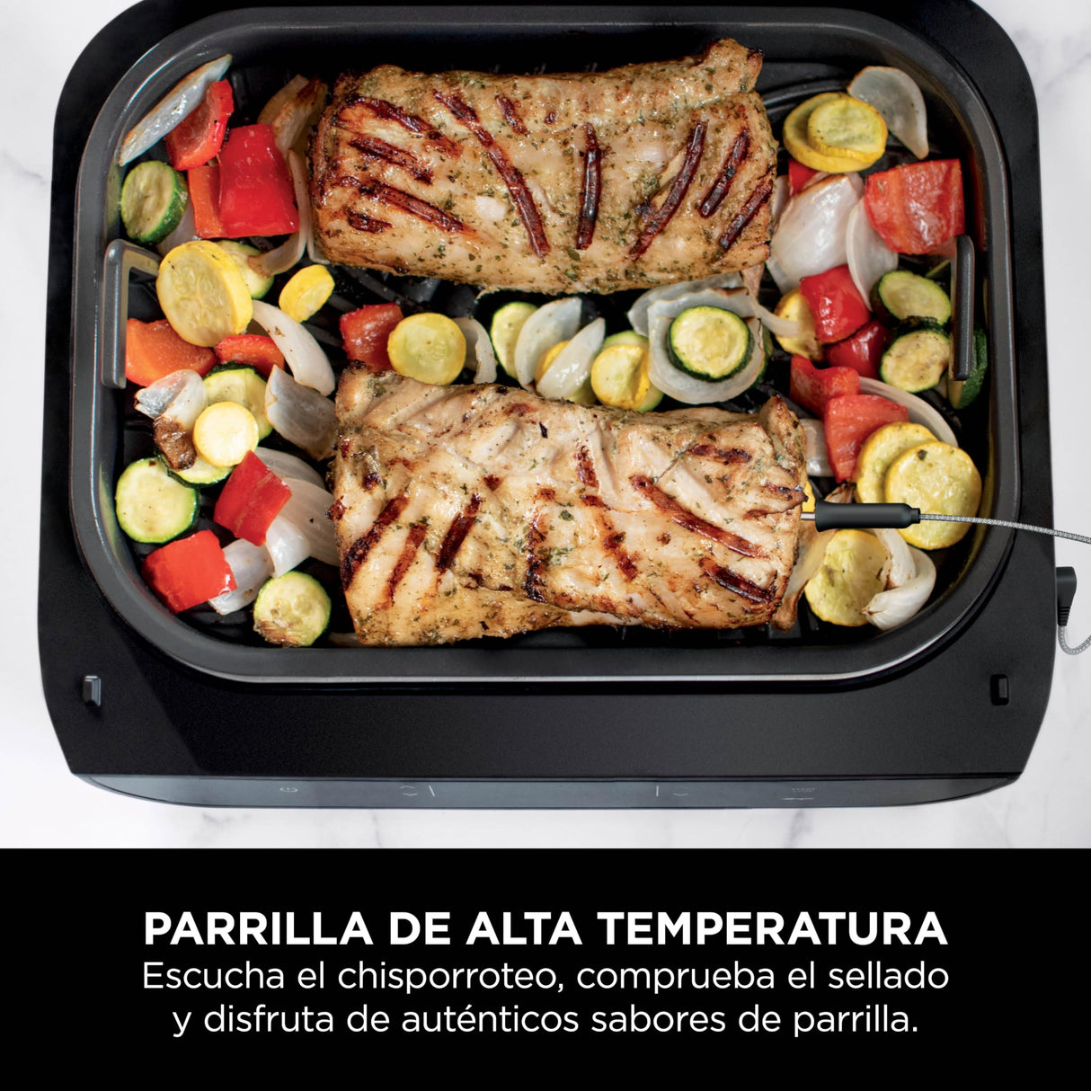 Ninja MAX 6 en 1 Freidora de aire y parrilla de interior, 6 funciones de cocción sin humo, cocina hasta 6 hamburguesas, capacidad de 3,8 l, incluye termómetro digital para carne, gris/plata, DG551EU