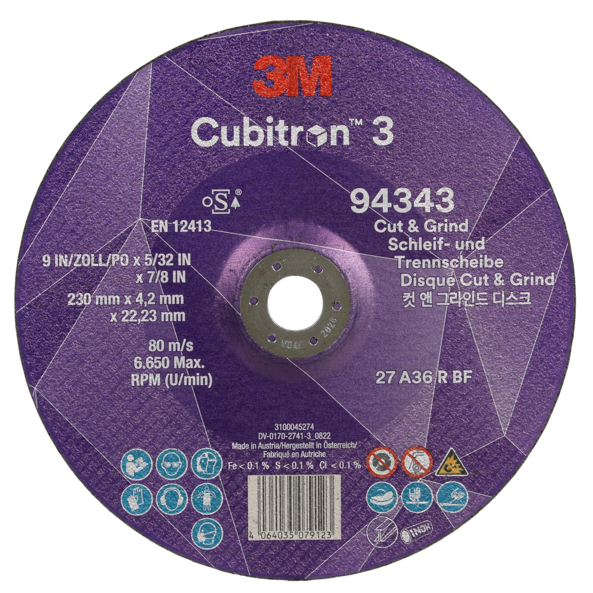 3M Cubitron 3 Disco de Corte y Desbaste, 94343, 36+, T27, 230 mm x 4.2 mm x 22.23 mm, EN, Paquete de 10 Unidades