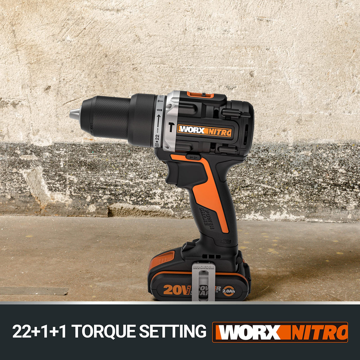 WORX NITRO 18V(20V MAX) Taladro de Percusión sin Cable WX352.4, PowerShare, Motor sin Escobillas, 60Nm, Control de Velocidad Variable, luz LED, 2.0Ah Baterías Recargables Suministradas