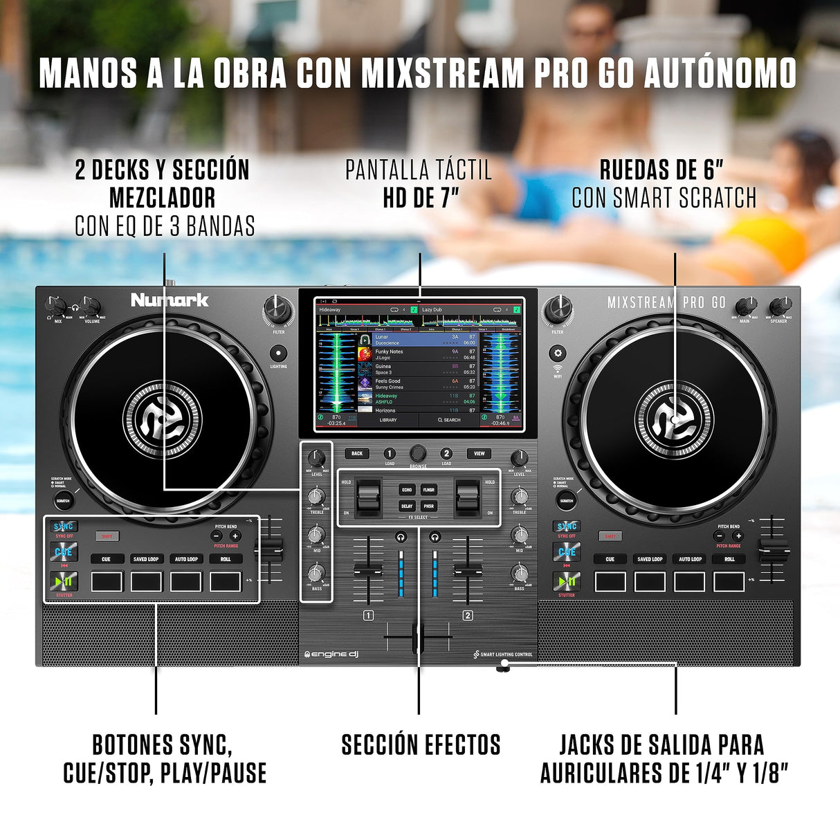 Numark Mixstream Pro Go - Controlador DJ portátil, batería, mezclador con separación de stems, altavoces, streaming wifi, pantalla táctil y Serato DJ