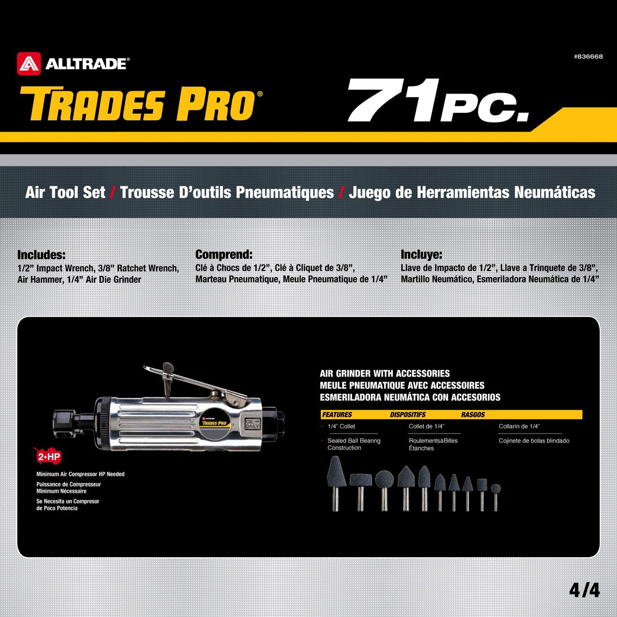 Trades Pro 836668 - Kit de herramientas y accesorios de aire, 71 piezas, llave de impacto, trinquete de aire, amoladora, martillo de aire, accesorios de manguera, estuche de almacenamiento