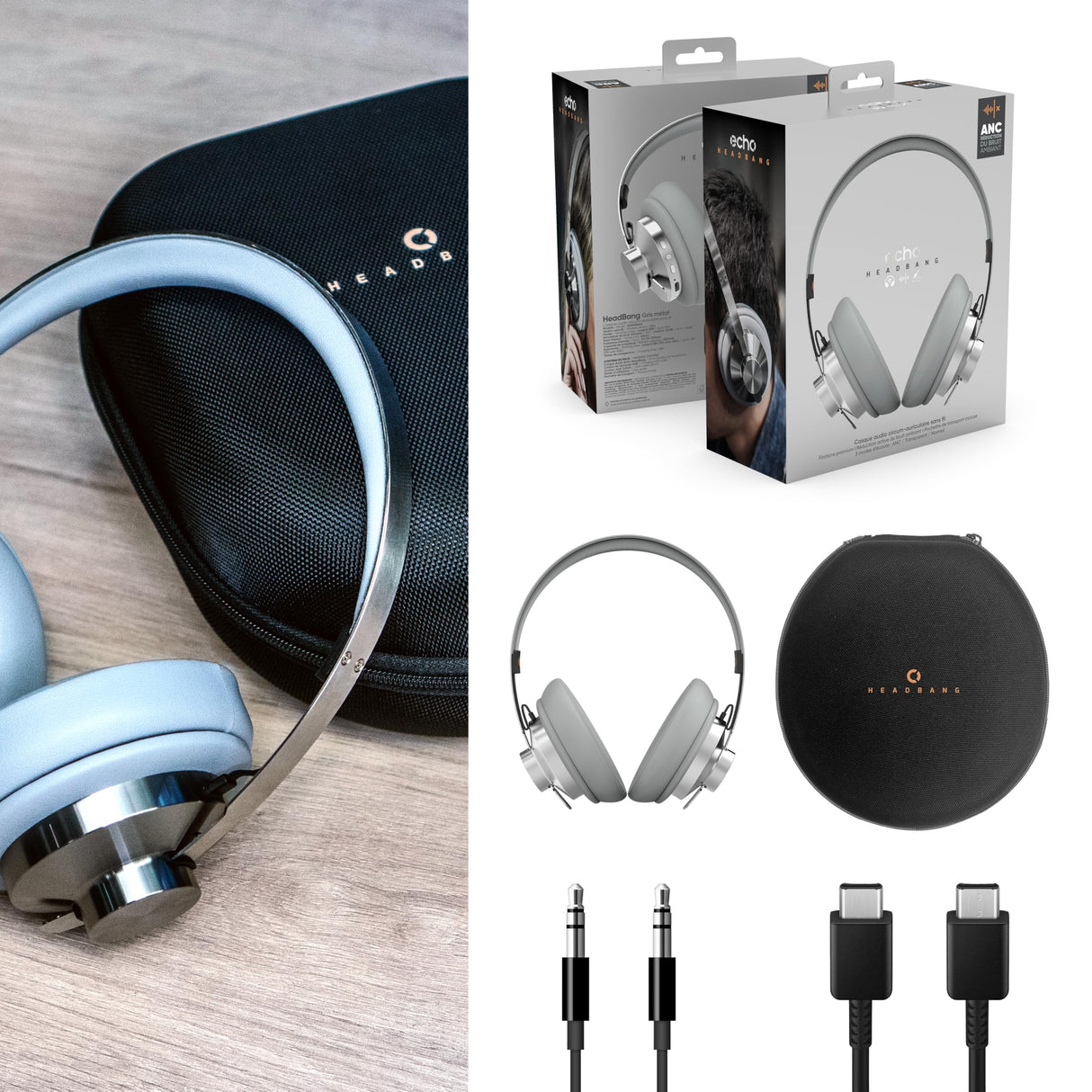 ECHO Head Band - Auriculares de Audio inalámbricos ANC, Color Gris Metal, reducción de Ruido Activa, diseño de Arco, Calidad de Sonido Premium