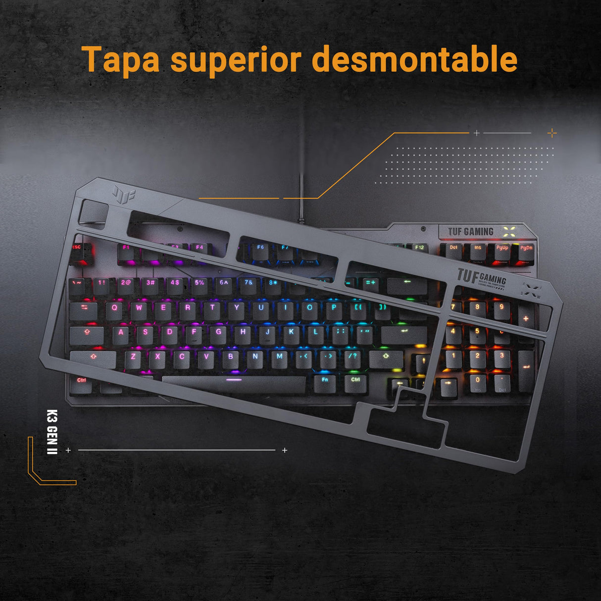 ASUS TUF Gaming K3 Gen II - Teclado Compacto de 98 Teclas, interruptores óptico-mecánicos RGB Red, Espuma amortiguadora, IP57, Placa Superior Desmontable y Aura Sync - Teclado QWERTY Español