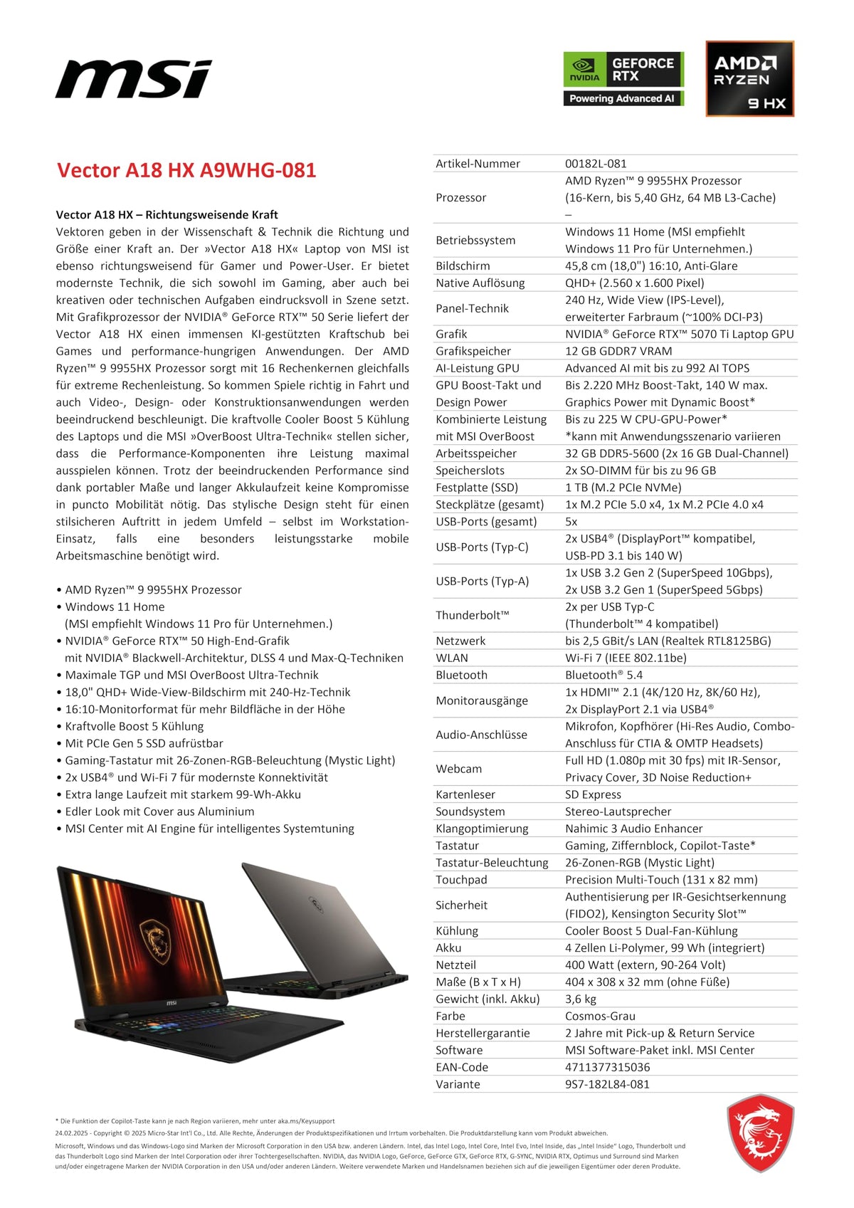MSI Vector A18 HX Gaming Laptop de 18" QHD+ Pantalla de 240 Hz, AMD Ryzen 9 9955HX, NVIDIA GeForce RTX 5070 Ti, 32 GB DDR5, 1TB SSD, Windows 11 Home, Teclado QWERTZ, A9WHG-081