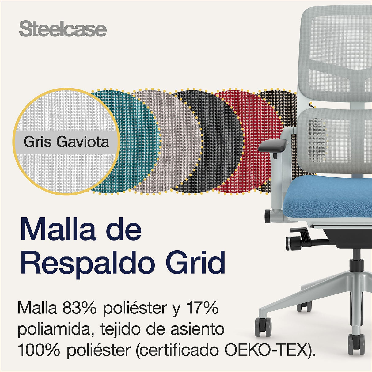 Steelcase Please Air, silla de oficina ergonómica con respaldo alto de malla regulable en altura y brazos regulables Cobalto/Gris gaviota