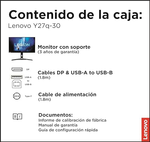 Lenovo Legion Y27q-30 - Monitor Gaming con EyeSafe, 27'' 2K QHD (IPS, 180Hz (OD), 0.5ms MPRT, HDMI,DP,USB, Cables DP y USB, FreeSync, Altavoces) Ajuste de inclinación/altura/giro/pivot - Negro