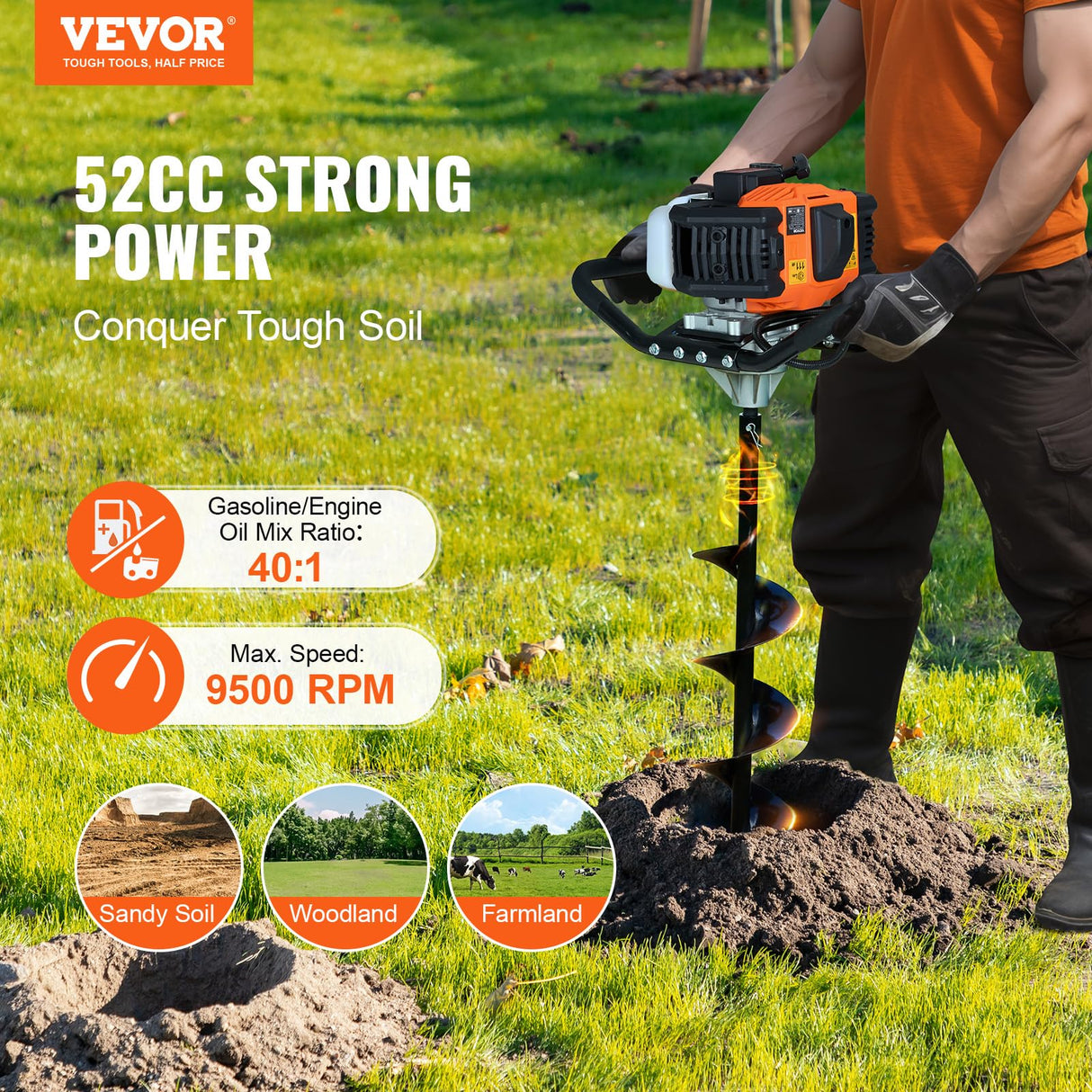 VEVOR 1450 W Perforadora de Postes a Gasolina de 52 cc Excavadora de Postes a Gas con Brocas de 150 y 250 mm y 3 Varillas de Extensión para Postes de Cercas Y Plantas de Jardín, Naranja y Negro