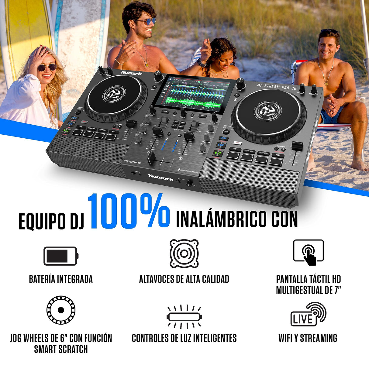 Numark Mixstream Pro Go - Controlador DJ portátil, batería, mezclador con separación de stems, altavoces, streaming wifi, pantalla táctil y Serato DJ