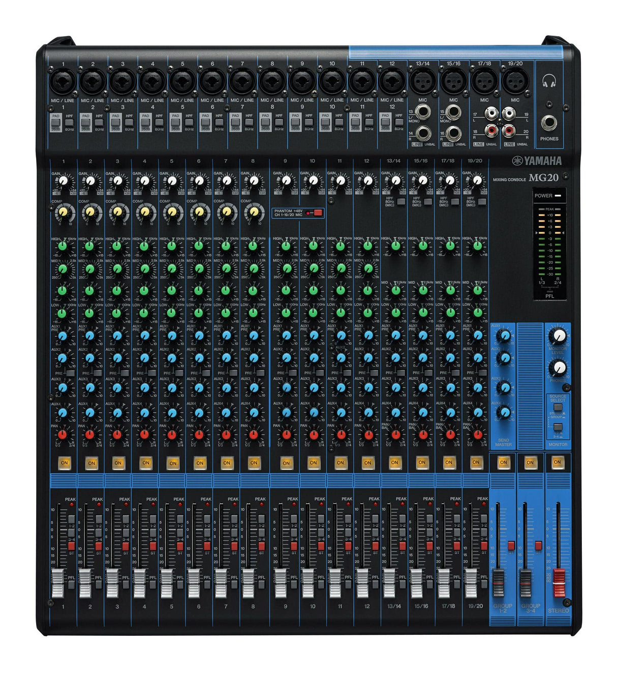 Yamaha MG20 Mezclador compacto de 20 canales, 4 buses de grupo, 4 AUX, kit para montaje en rack y preamplificadores de micro D-PRE