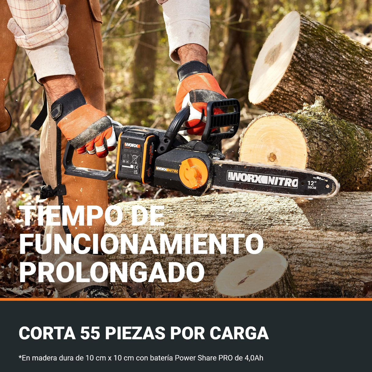 WORX WG350E Nitro - Motosierra profesional con batería de 20 V, potente sierra para madera, 10 m/s, longitud de corte de 30 cm, compacta y segura, lubricación automática, tensor de cadena
