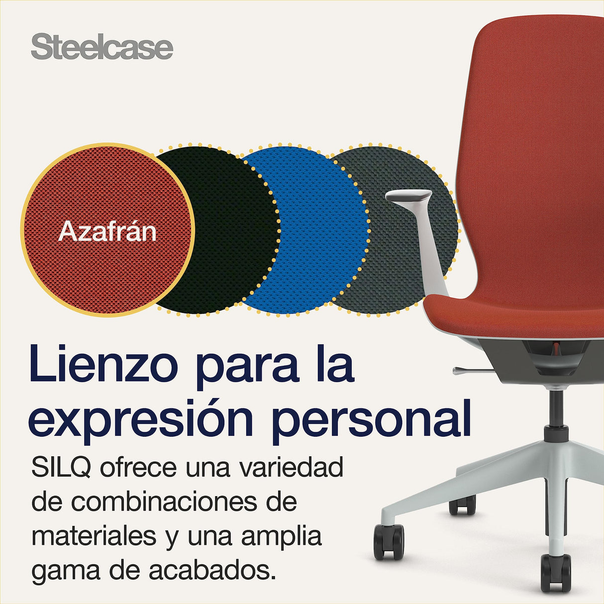 Steelcase SILQ Silla ergonómica de altura regulable, carcasa de plástico gris claro o carbono metalizado y tapicería azafrán