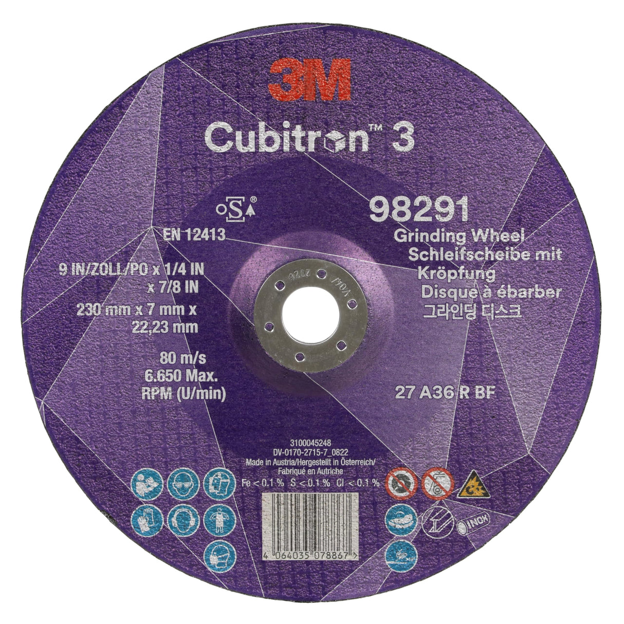 3M Cubitron 3 Disco de Desbaste con Centro Hundido, 98291, 36+, T27, 230 mm x 7 mm x 22.23 mm, EN, Paquete de 10 Unidades