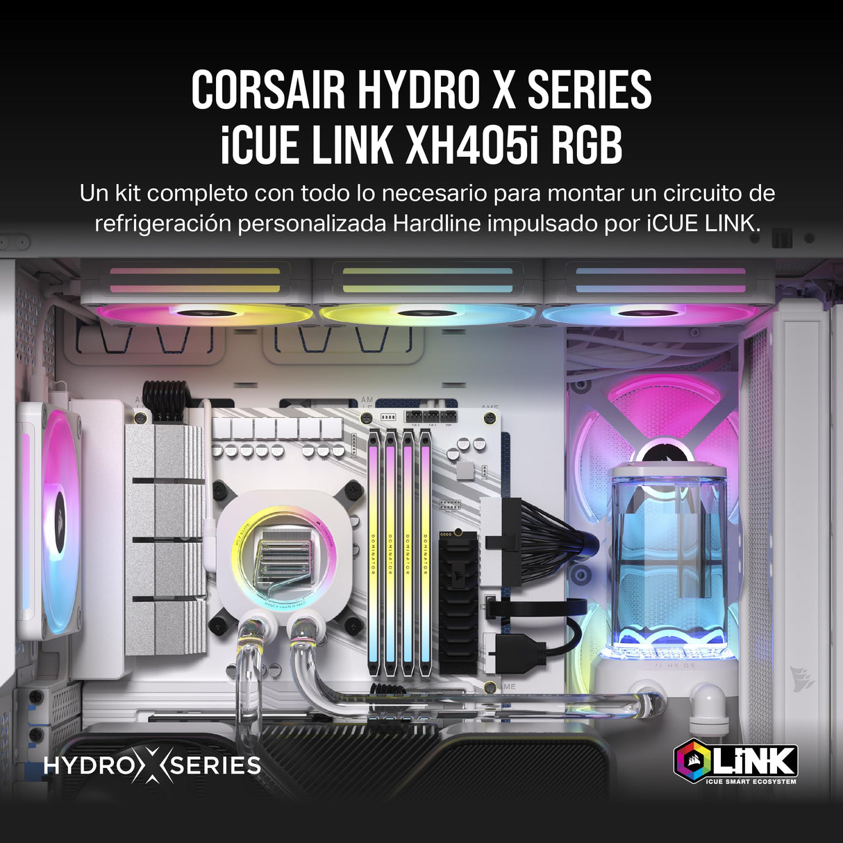 CORSAIR Hydro X Series iCUE LINK XH405i Kit de Refrigeración Personalizada - Bloque de Refrigeración Líquida para CPU XC7 ELITE - Bomba XD5 ELITE D5 Res - 3 Ventiladores QX120 RGB - Blanco