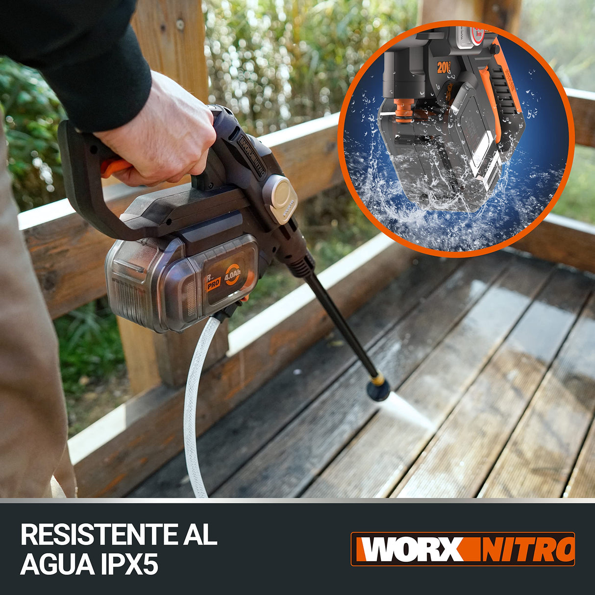 WORX Nitro Hidrolimpiadora a batería Hydroshot 20V MÁX | PowerShare | Limpieza de terrazas y Lavado de Coches | máx. 56 Bares | 220L/H | Incluye batería de 4,0Ah y Cargador | WG633E