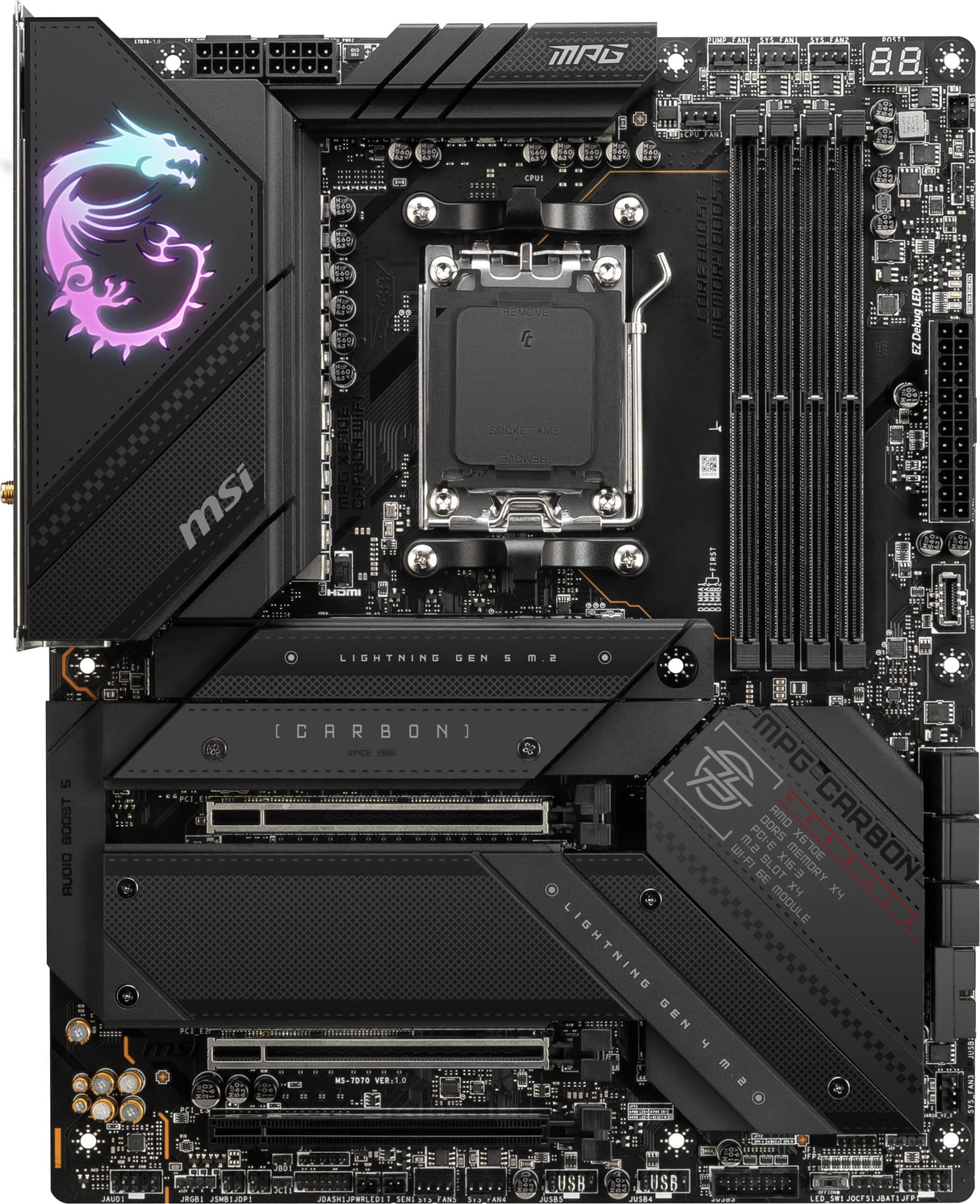MSI MPG X670E CARBON WiFi Placa Base, ATX - Admite Procesadores AMD Ryzen Serie 7000, AM5 - 18 Duet Rail 90A Power Stage, DDR5 Memory Boost 6000+MHz/OC, 2 x PCIe 5.0 x16, 2 x M.2 Gen5, WiFi 6E