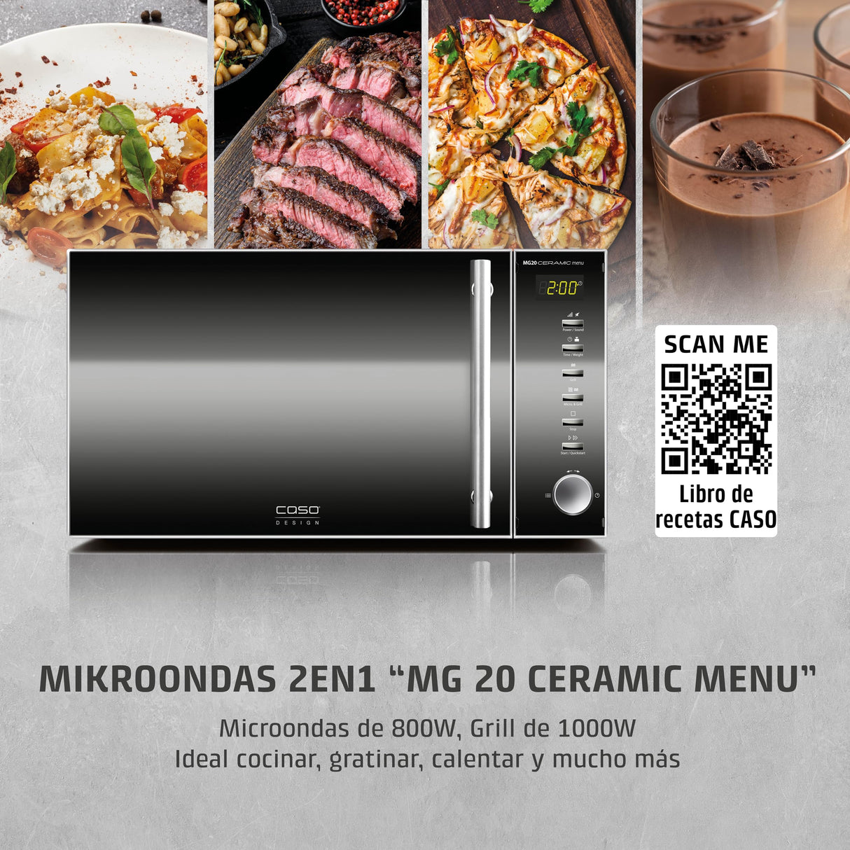 Caso MG20C Encimera 20L 800W Negro, Acero inoxidable - Microondas (Encimera, 20 L, 800 W, Botones, Giratorio, Negro, Acero inoxidable, 1000 W)