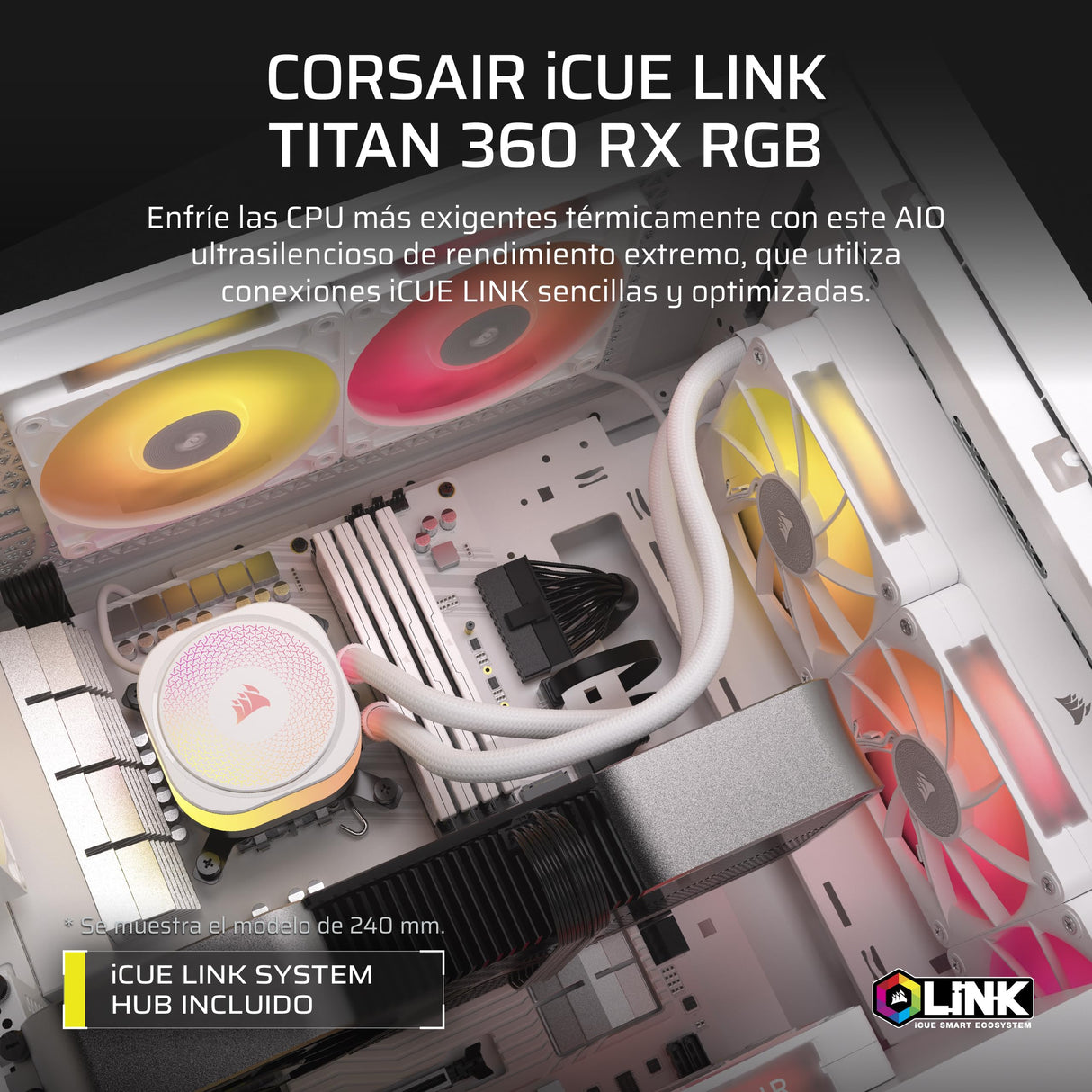 CORSAIR iCUE LINK TITAN 360 RX Refrigerador Líquido RGB Para CPU – 360mm AIO – 3x RX120 Ventiladores RGB Incluidos – Compatible con Intel LGA 1851/1700, AMD AM5/AM4 – Hub iCUE LINK Incluido – Blanco