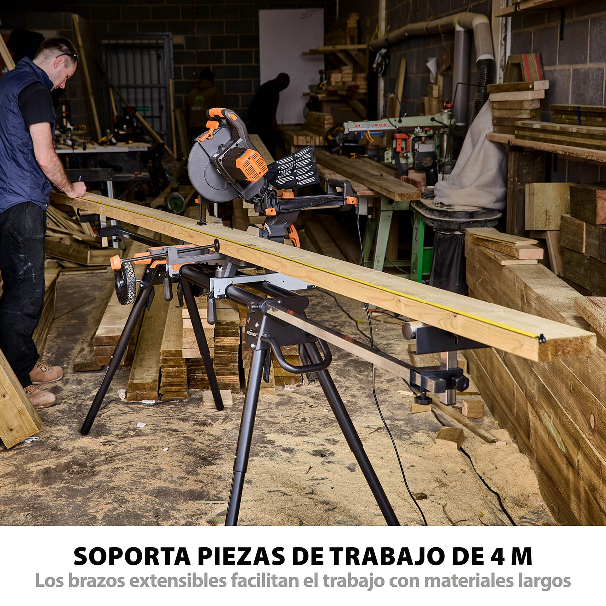 Evolution Power Tools Soporte de sierra ingletadora Plus + Universal - compatible con Evolution Makita DeWalt Bosch Ryobi Einhell y Metabo, ruedas grandes, soporta 300 kg de peso y 4 m de longitud