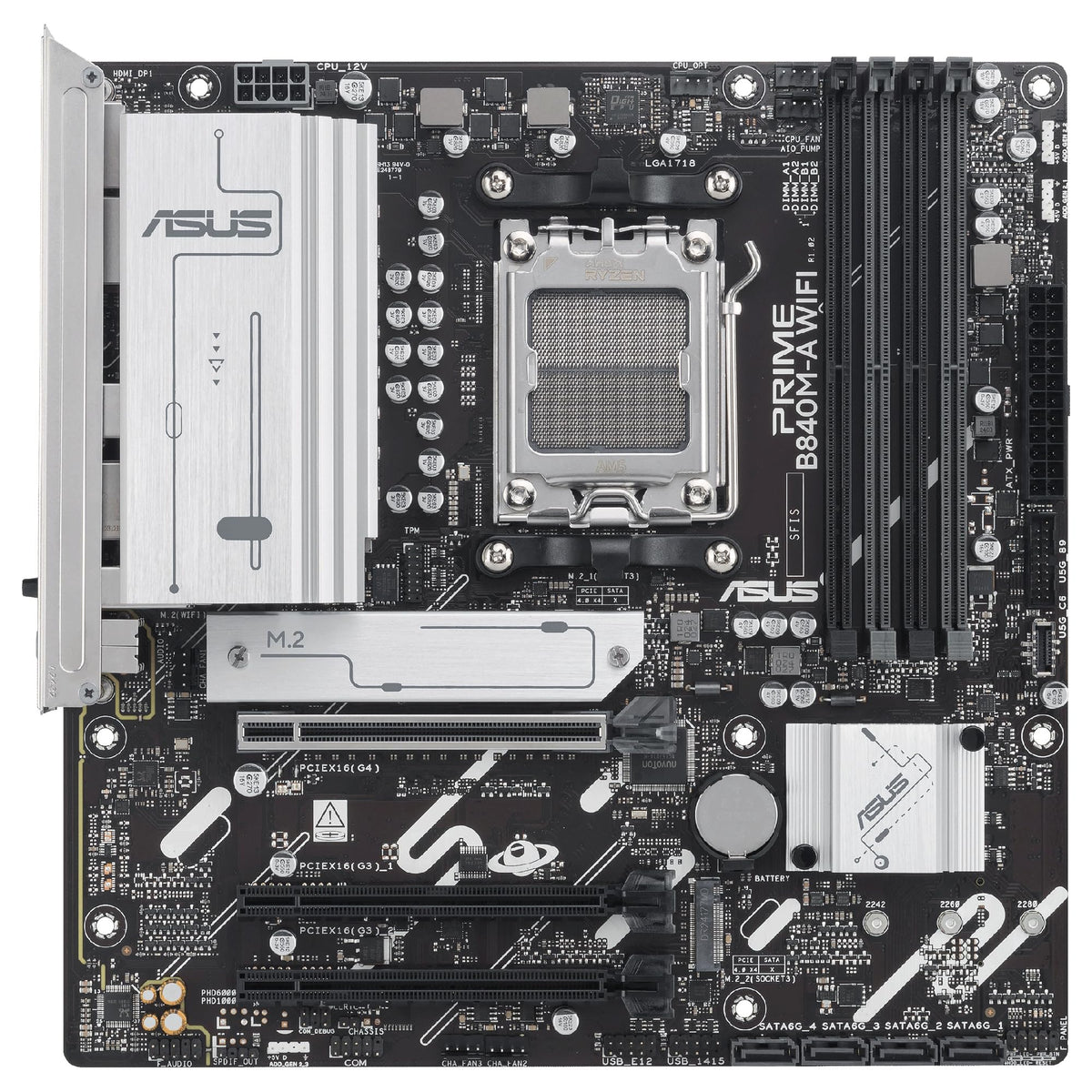ASUS Prime B840M-A WiFi - Placa Base AMD B840 mATX, DDR5, PCIe 4.0 Ready, Tres Ranuras M.2, Wi-Fi 6E, Realtek 2.5Gb Ethernet, DisplayPort, HDMI, USB Tipo-C 5 Gbps, BIOS Flashback, Aura Sync