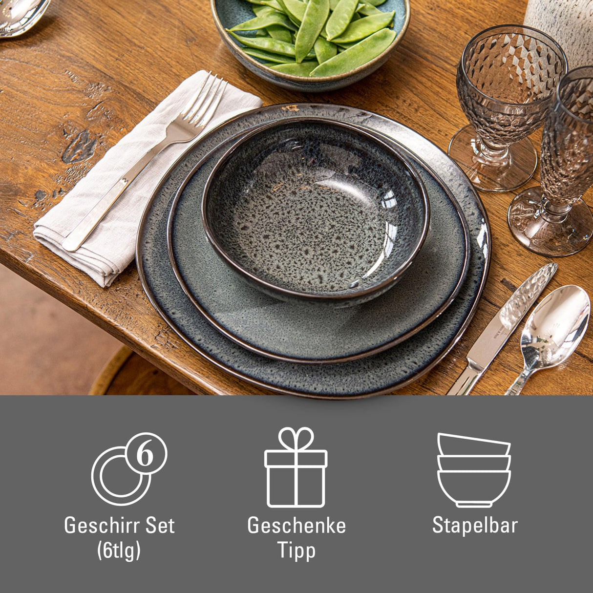 like. by Villeroy & Boch Lave, Set De Vajilla De Loza, 6 Piezas, Aspecto Alfarero, Servicio De Desayuno Para 2 Personas, Gris