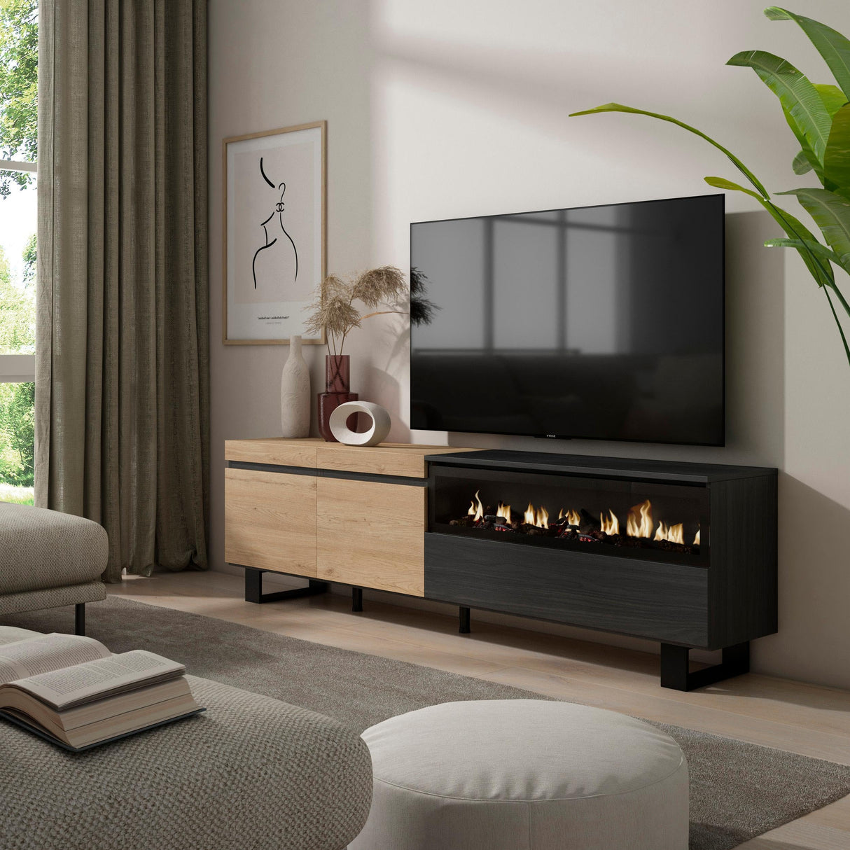 Skraut Home | Mueble TV | Televisión | Muebles de salón, almacenaje | 200x57x35cm | para TV hasta 80" | Chimenea eléctrica | Diseño Industrial | Estilo Moderno | Roble y Negro