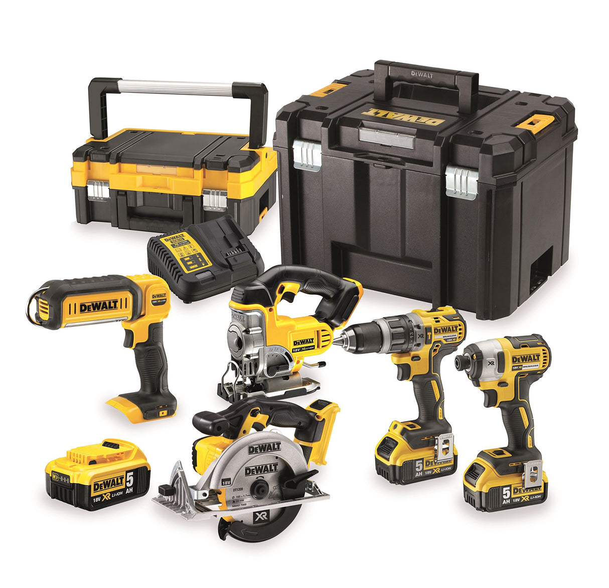 DEWALT DCK551P3T-QW - Kit de Herramientas, Taladro percutor, Atornillador de impacto, Sierra circular, Sierra calar, Linterna, 3 baterías XR 18V Litio 5Ah, cargador y maletines TSTAK I y VI.