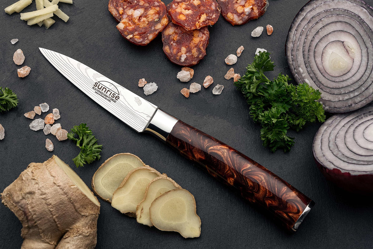Rockingham Forge Juego de Cuchillos de Cocina de 7 Piezas, Serie Sunrise, Hoja de Acero Inoxidable con Mangos de Resina, Marrón Ambarino, RF-2160/7BR