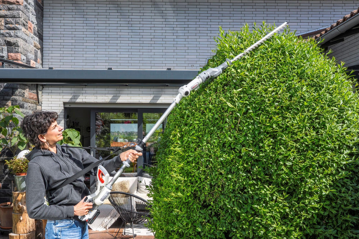 IKRA Tijeras Cortasetos 2 en 1 ICPH 2050 con pértiga telescópica para setos Altos, Incl. 2 baterías de 20 V, estación de Carga rápida y Cinta de Hombro