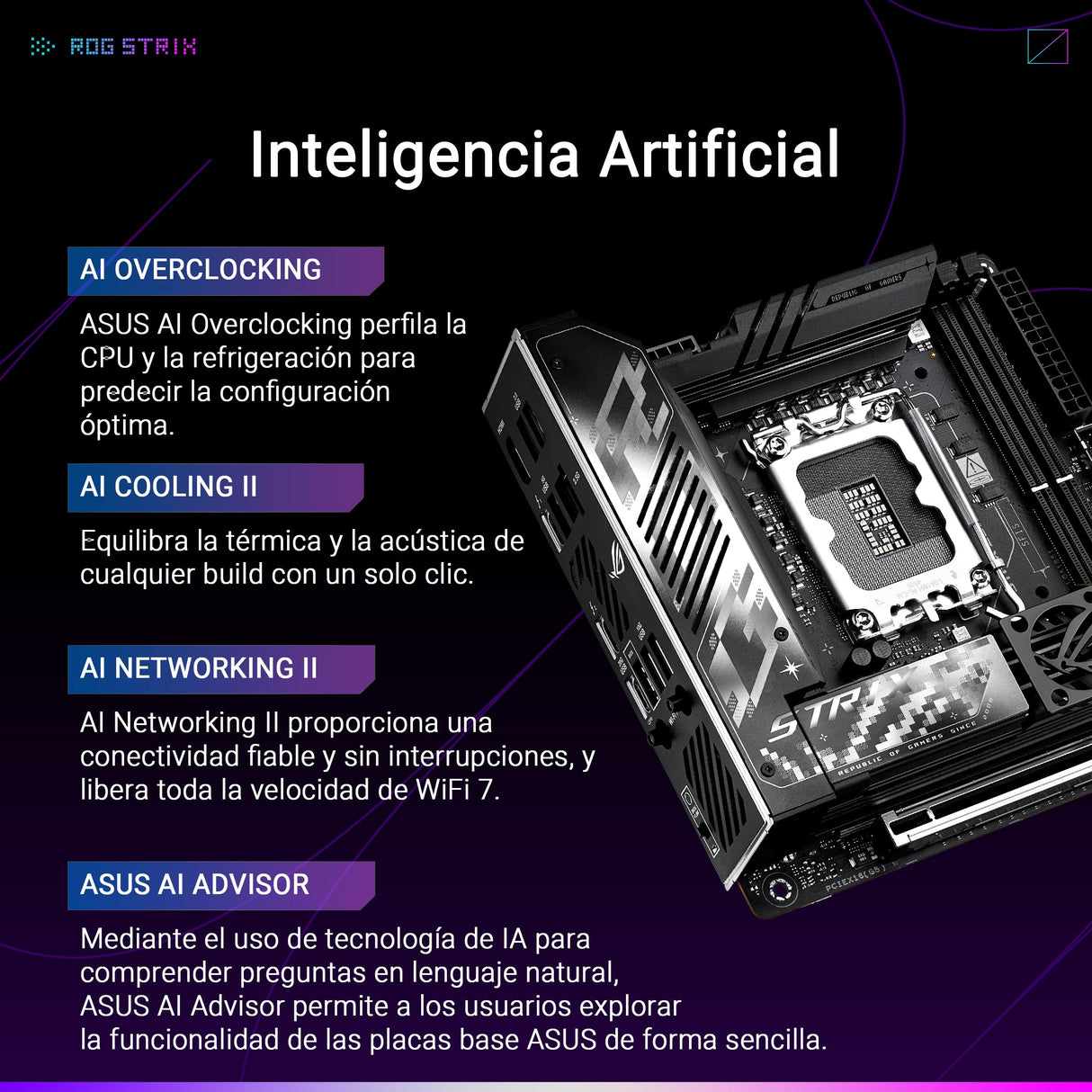 ASUS ROG Strix Z890-I Gaming WiFi - Placa Base Mini-iTX, 10+1+2+1 etapas de Potencia, DDR5, PCIe 5.0 Compatible con GPU de última generación, Dos M.2, WiFi 7, AI Overclocking, AI Networking II