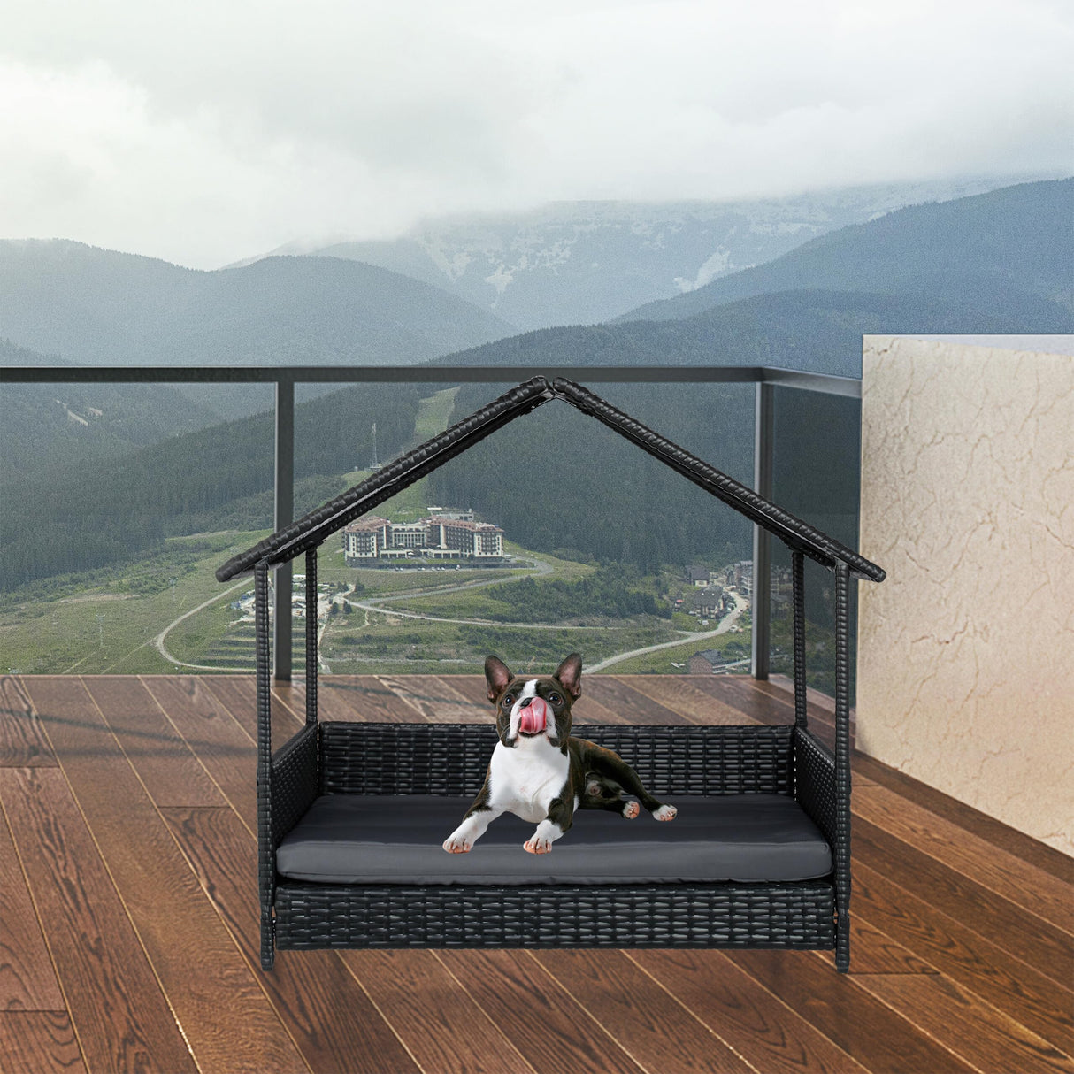 Relaxdays Cama Elevada para Perros con Techo, 81x90x68 cm, Poliratán, Tumbona para Mascotas con Cojín, Exterior, Gris