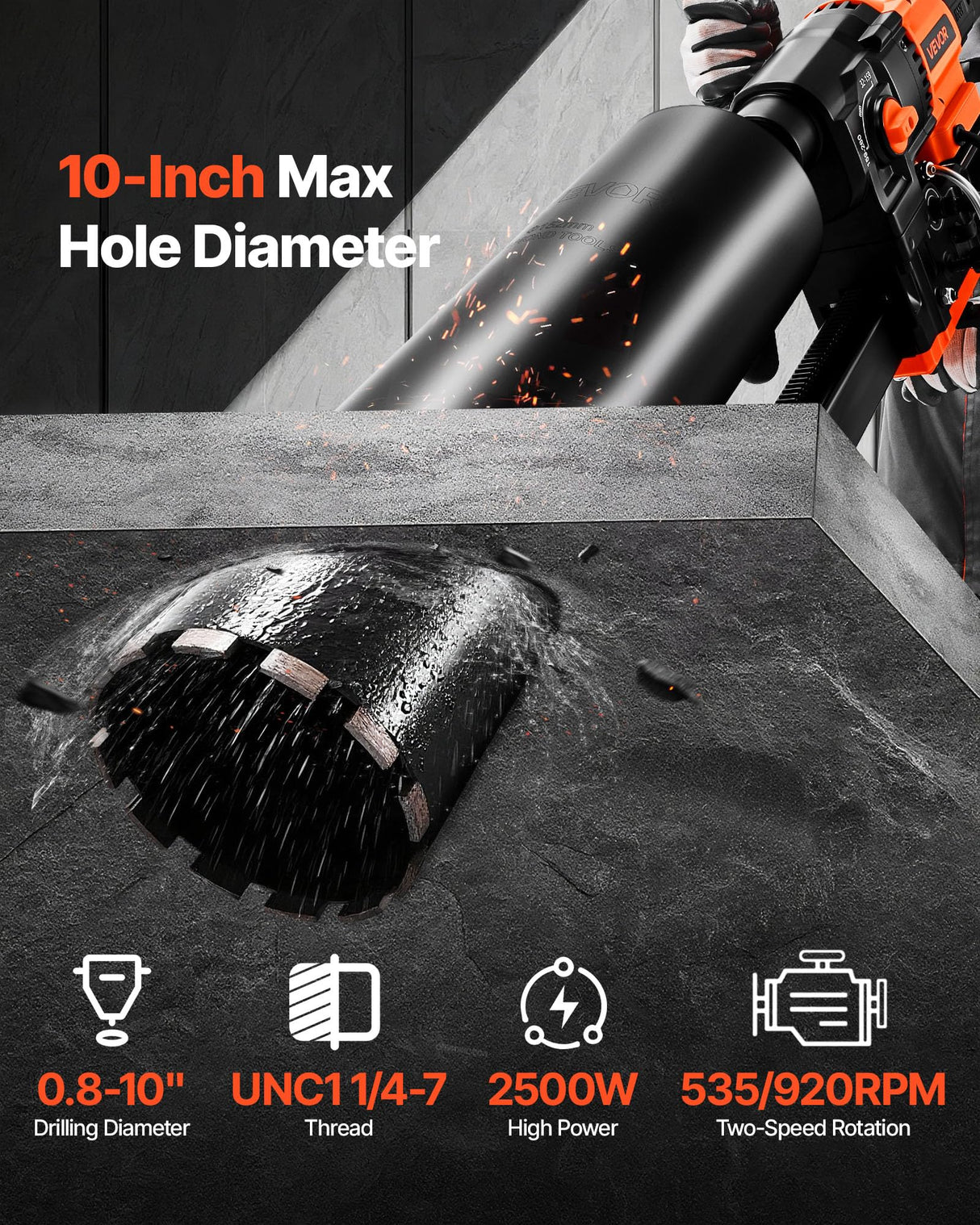 VEVOR Perforadora de Diamante, Perforadora de Núcleo 535/920 RPM de 2 Velocidades en Seco y Húmedo con Soporte, 10 Brocas, Diámetro de Perforación de 20-254 mm para Hormigón, Ladrillo, Piedra